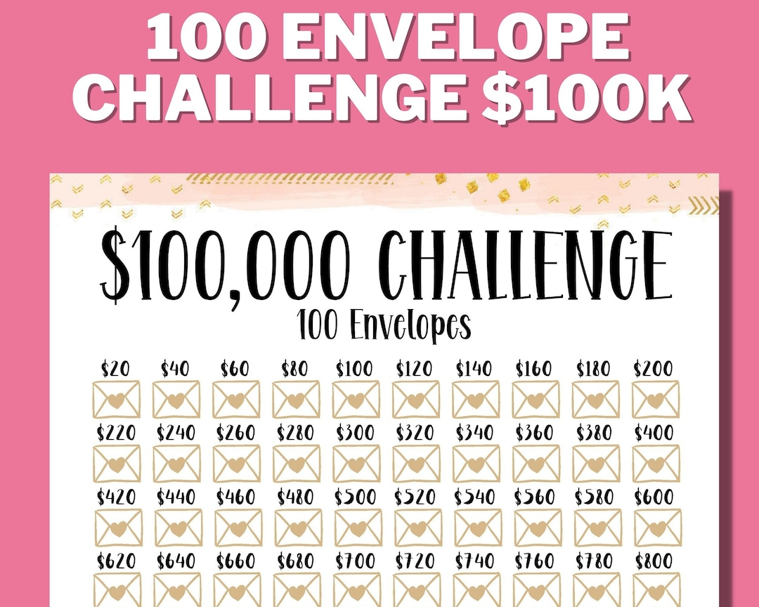100K 100 Envelope Challenge Printable, 100000 Saving Tracker, 100K for Printable 100 Envelope Challenge Chart