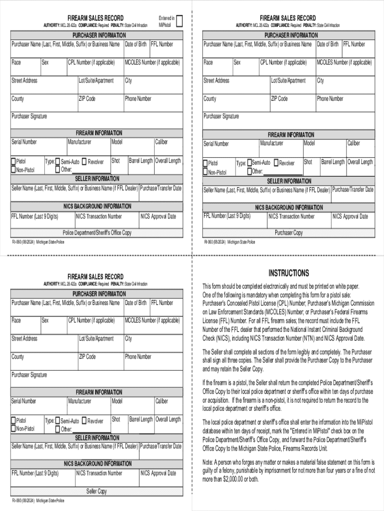 2024 Form Mi Ri-060 Fill Online, Printable, Fillable, Blank with Printable Pistol Transfer Paperwork Michigan