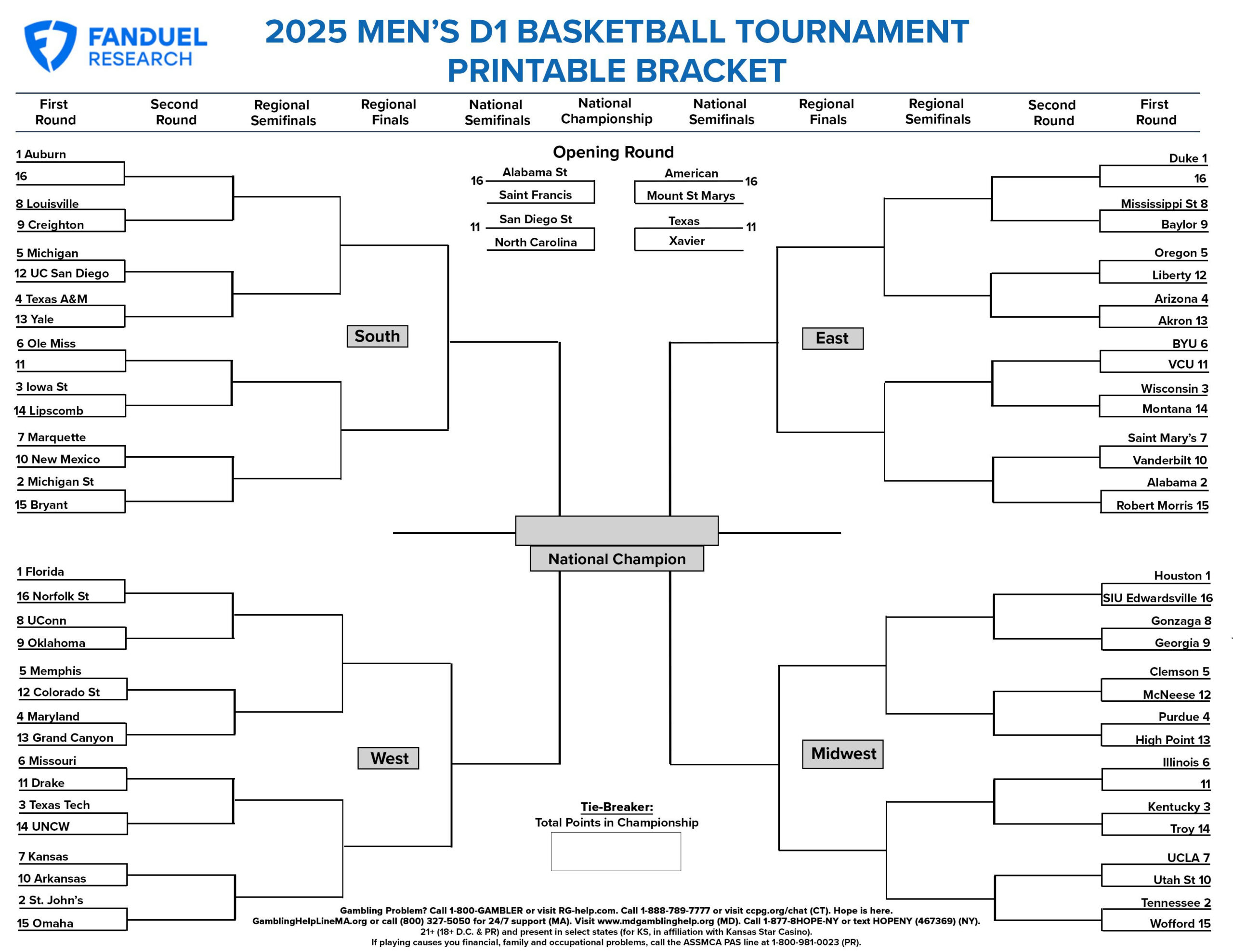 2025 Men'S College Basketball Tournament Free Printable Bracket for Ncaa Men'S Basketball Bracket Printable