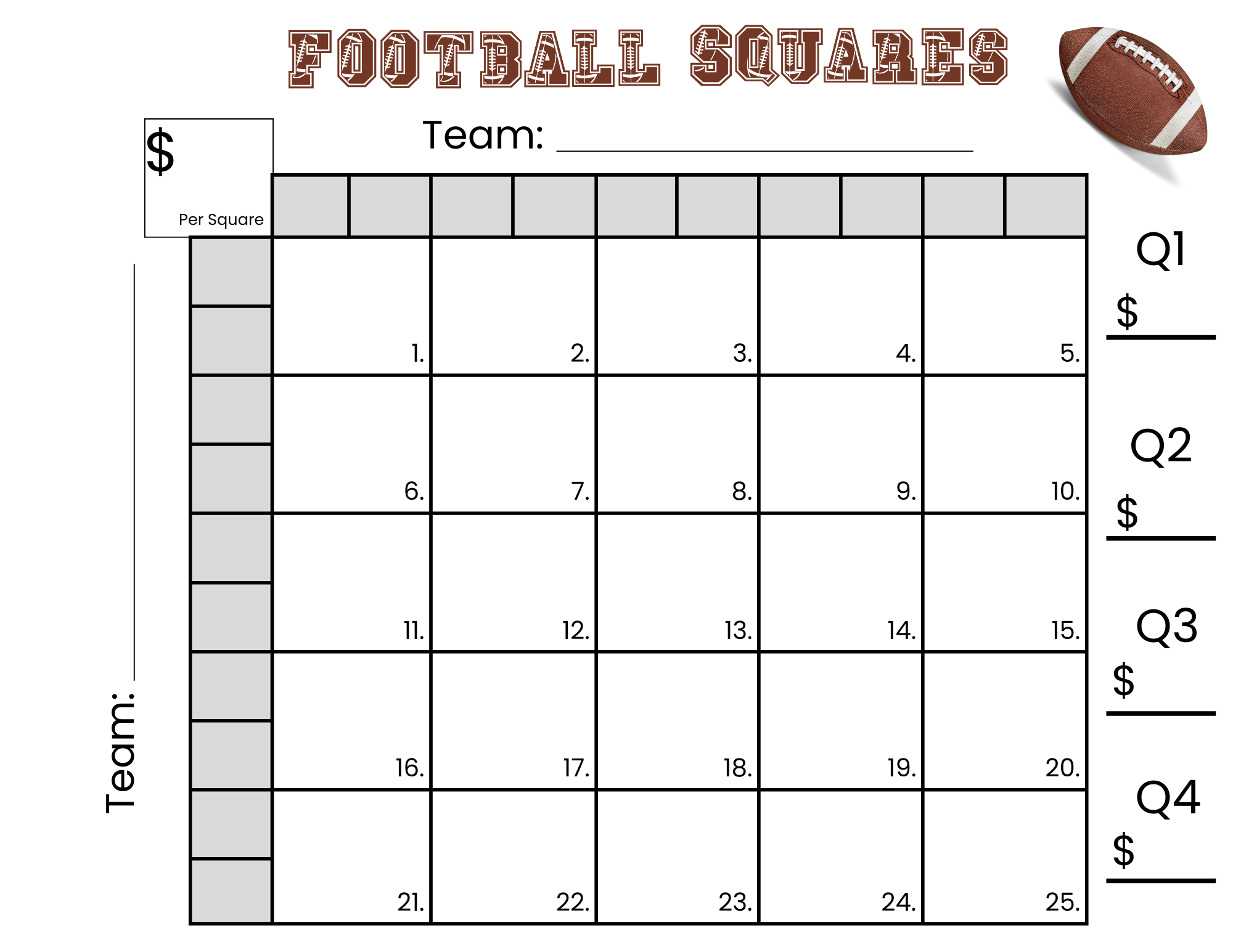 25 Football Squares Game Printable 5×5 Football Squares (Instant inside Free Printable 25 Square Grid