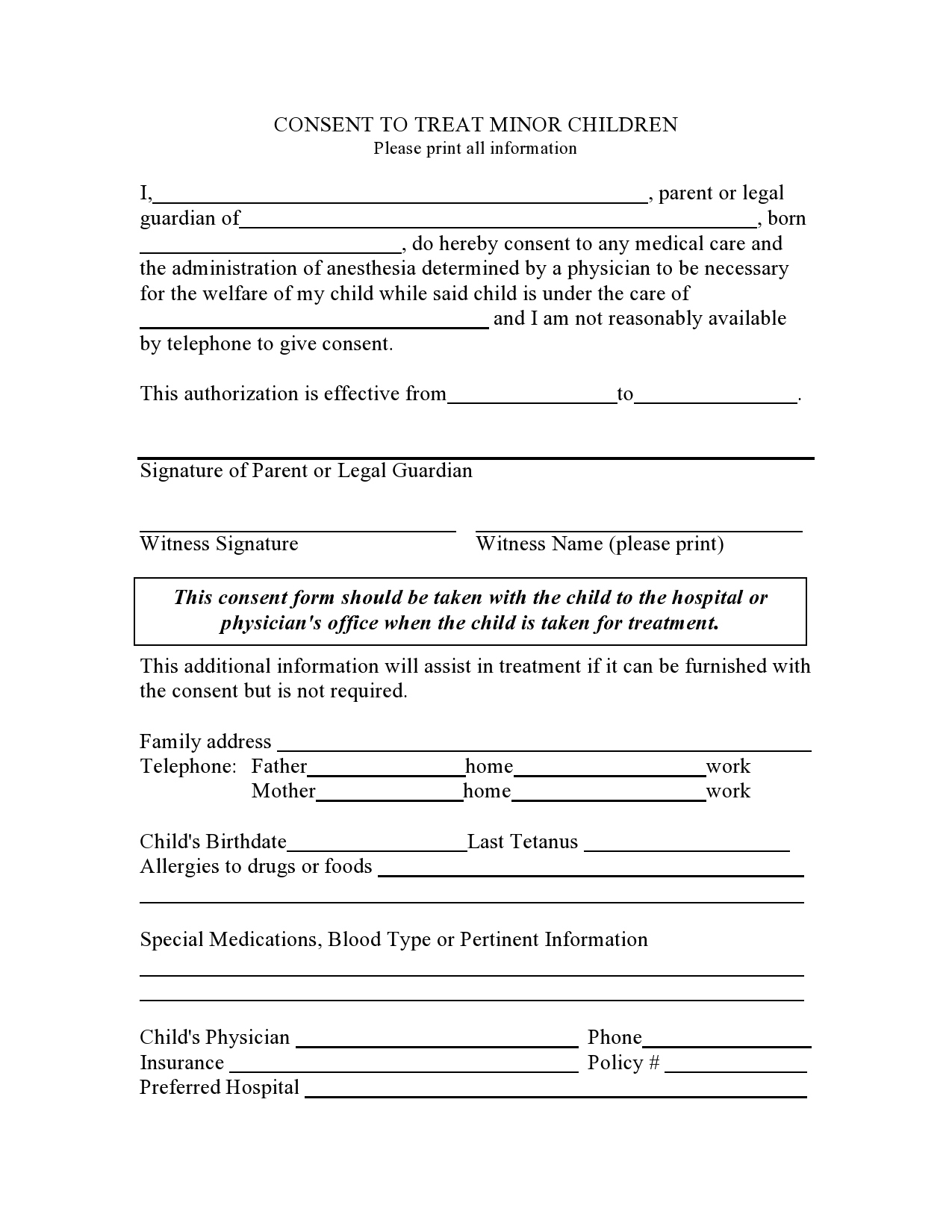 43 Printable Medical Consent Forms For Minor (Free) regarding Printable Medical Consent Form
