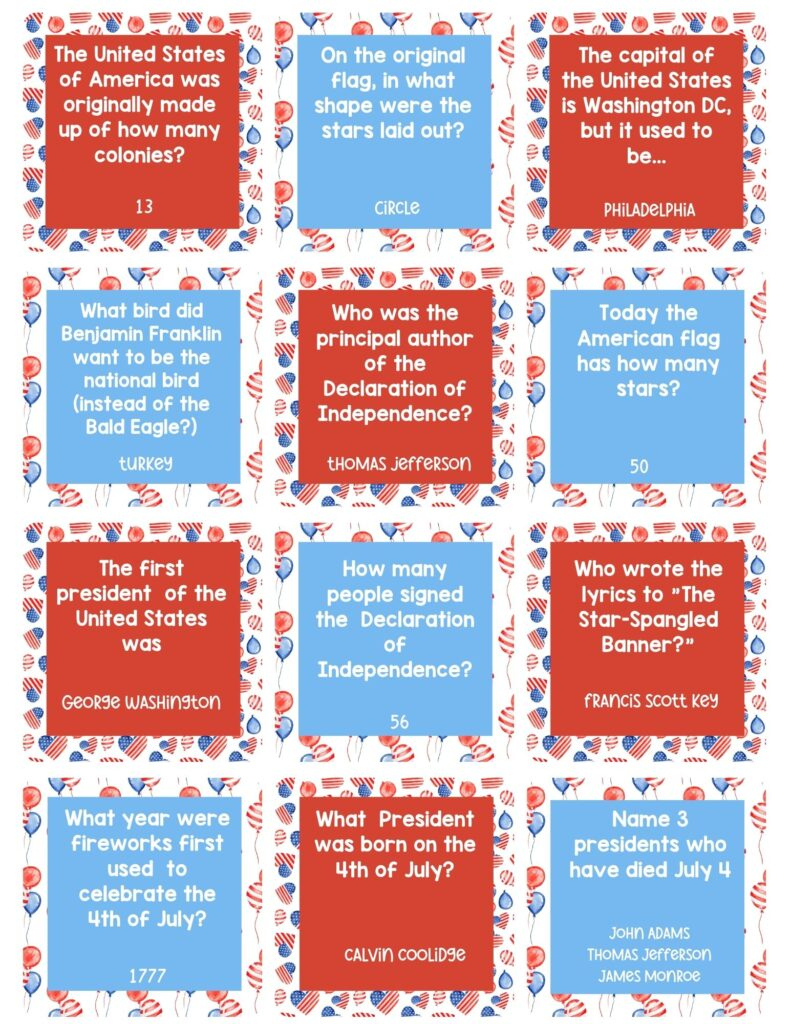 4Th Of July Trivia Cards For Kids: Free Printable Trivia Questions for Fourth Of July Trivia Printable