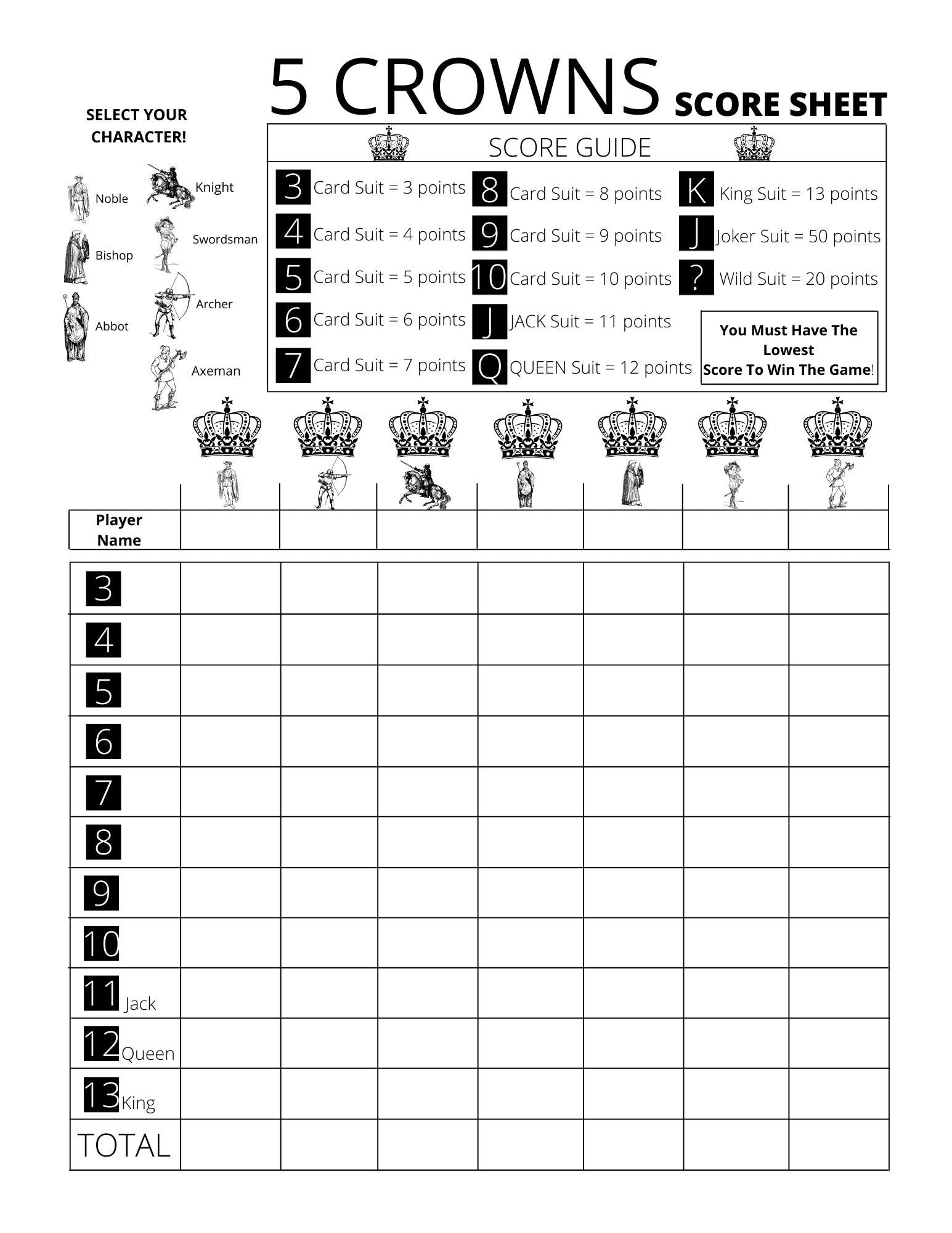 5 Crowns Score Card With Added Character Select - Printable Pdf with Five Crowns Score Sheet Printable