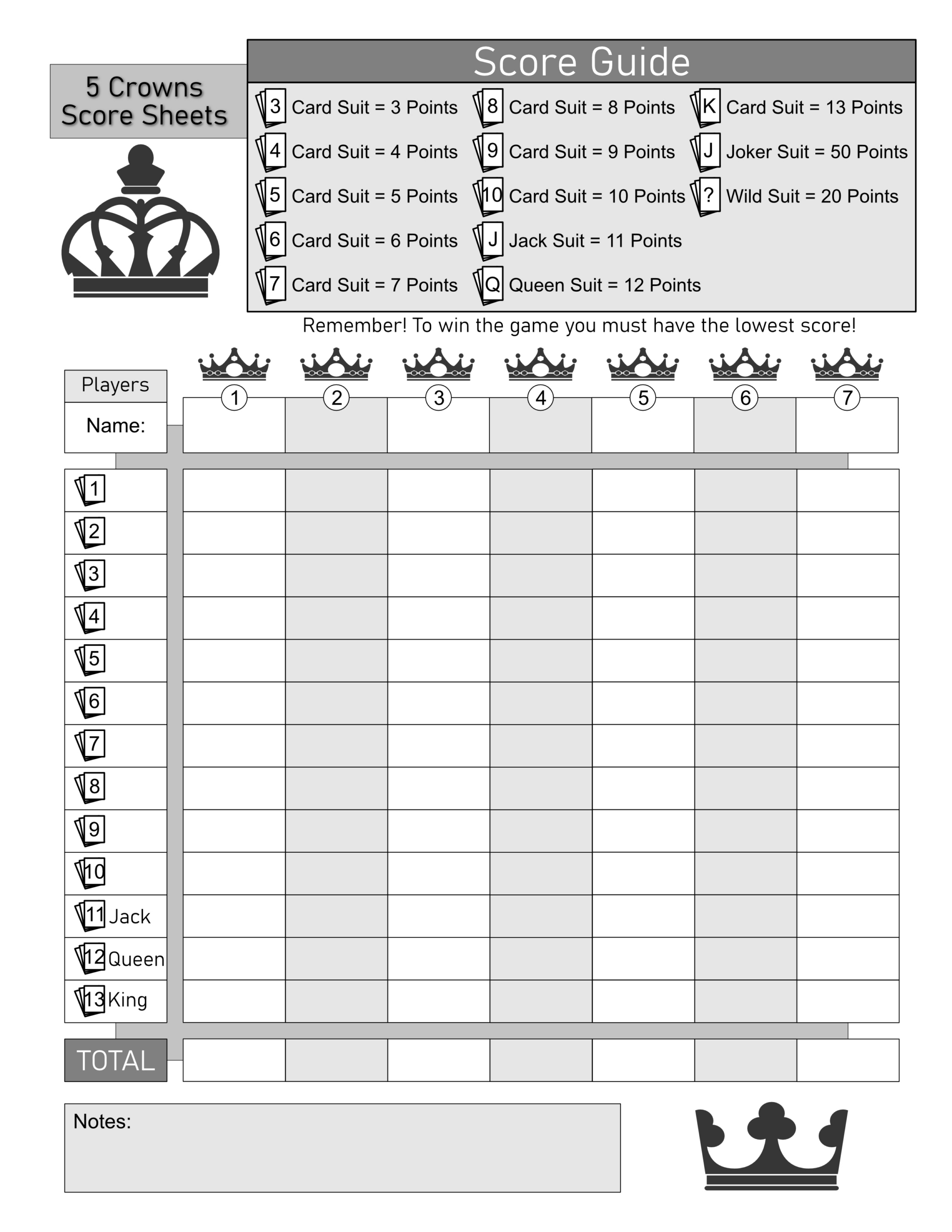 5 Crowns Score Sheet within Five Crowns Score Sheet Printable