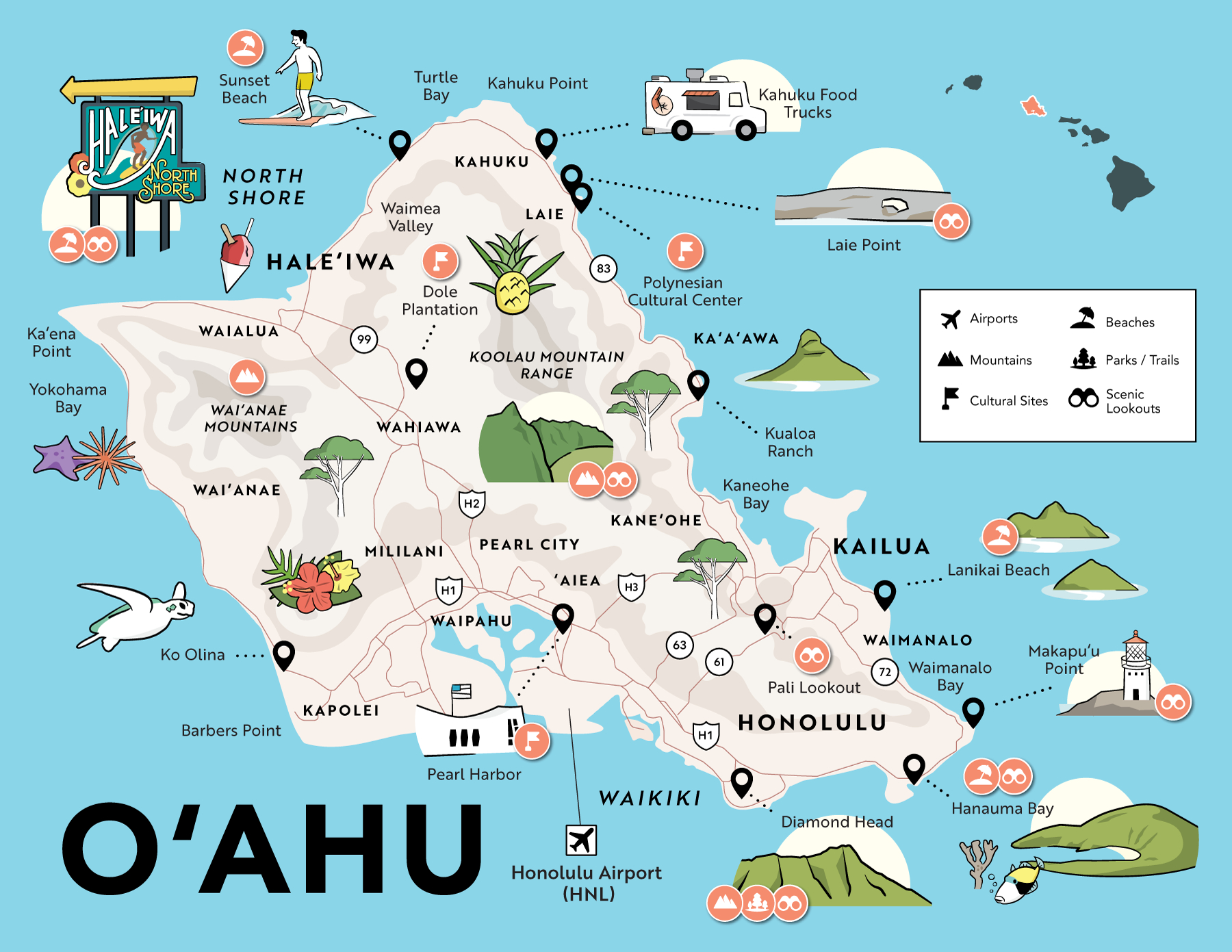 8 Oahu Maps With Points Of Interest throughout Printable Oahu Tourist Map