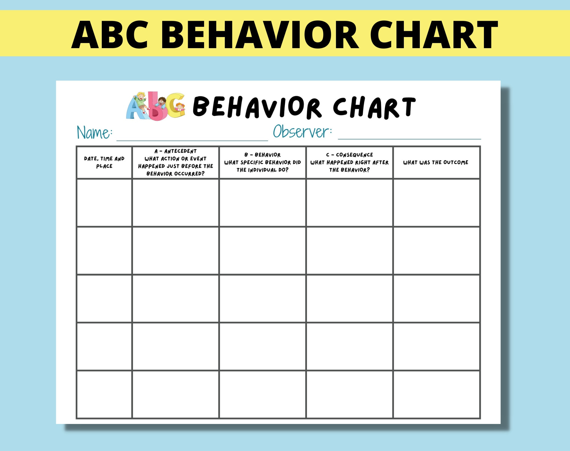 Abc Behaviour Chart Zum Ausdrucken, Für Kinder, Eltern regarding Printable Antecedent Behavior Consequence Chart