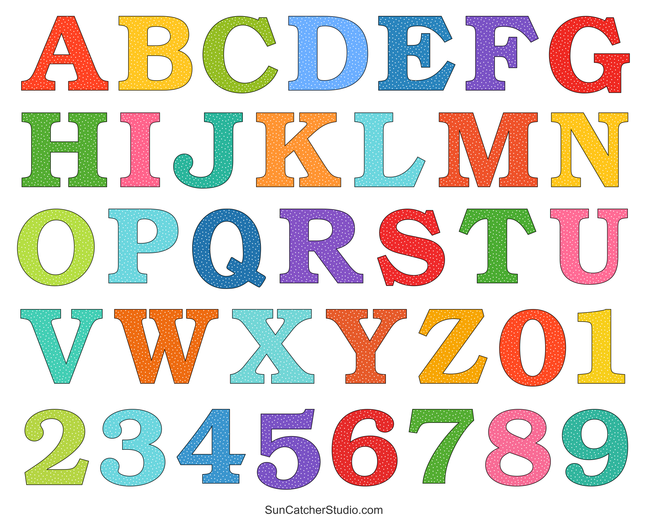 Alphabet Letters And Numbers With A Colorful Polka Dot Design in Free Large Printable Alphabet Letters