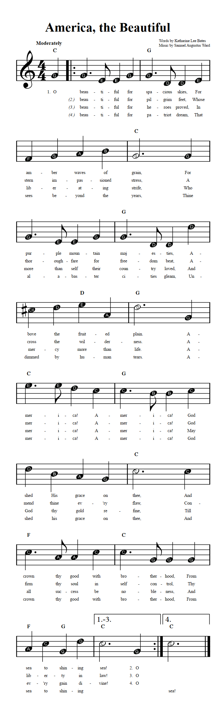 America, The Beautiful: Beginner Sheet Music With Chords And Lyrics in Printable Words to America the Beautiful