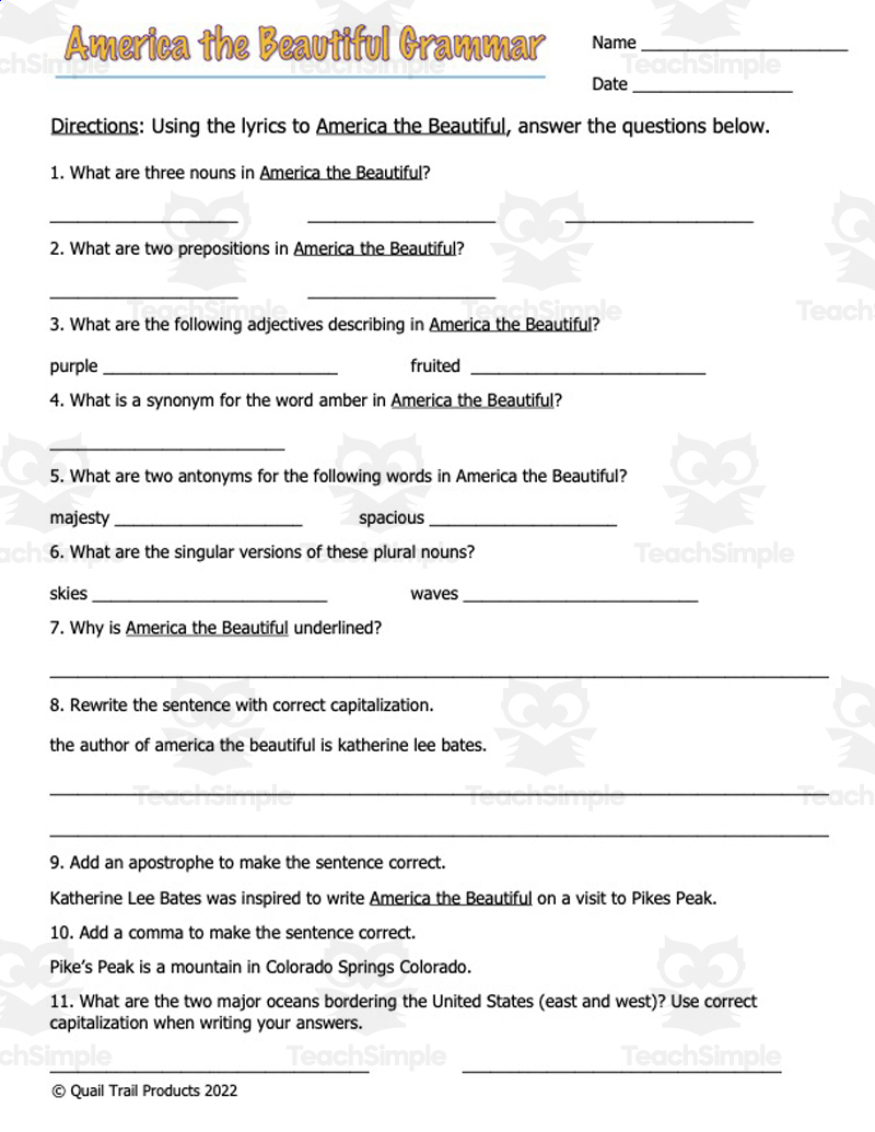 America The Beautiful Ela Worksheets pertaining to Printable Words to America the Beautiful
