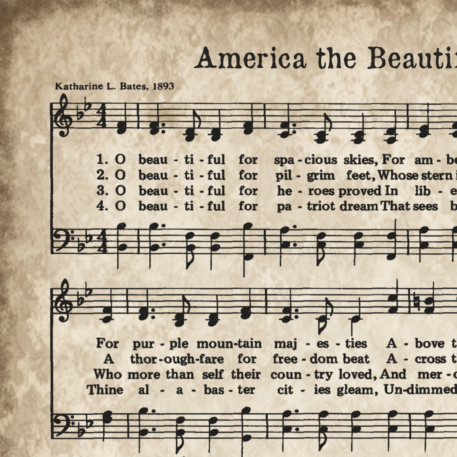 America The Beautiful Print, Druckbare Vintage Noten, Sofortiger for Printable Lyrics America the Beautiful