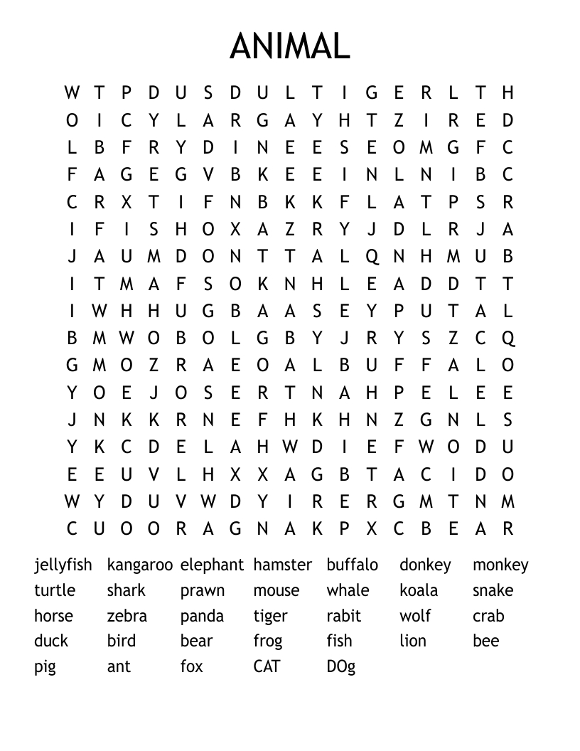 Animals Hard Word Search - Wordmint in Free Printable Word Searches Difficult