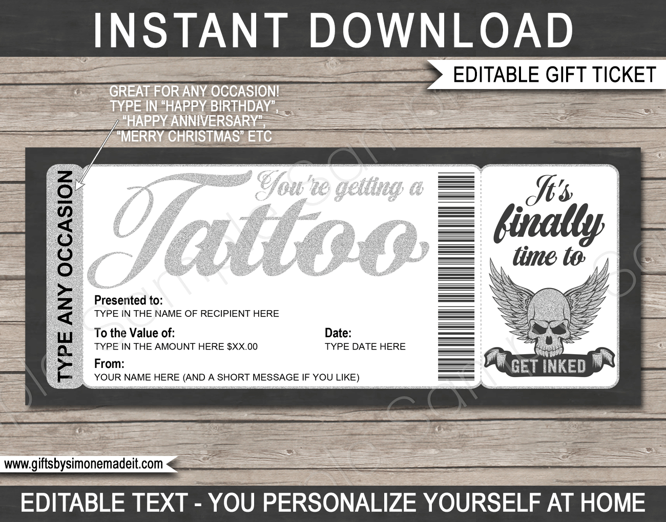 Any Occasion Tattoo Gift Certificate Card with regard to Free Printable Tattoo Voucher Template