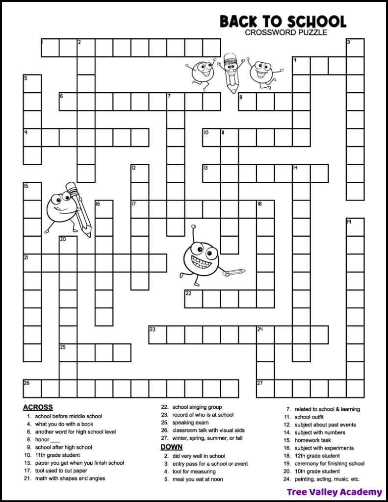 Back To School Crossword Middle School - Tree Valley Academy with regard to Free Printable Crossword Puzzles