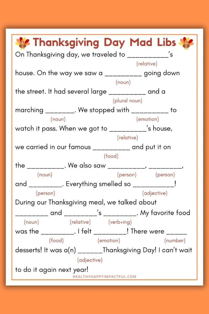 Best Thanksgiving Mad Libs Free Printable (Use It This Year!) pertaining to Free Thanksgiving Mad Libs Printable