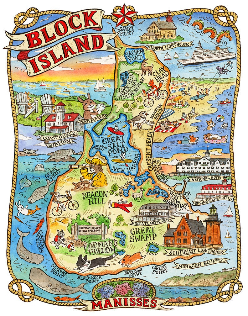 Block Island Rhode Island Map Art Print 16"X 20" - Etsy Uk throughout Printable Map of Block Island