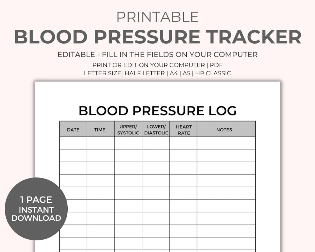Blood Pressure Chart Printable - Instant Download, Medical Tracker throughout Pdf Free Printable Printable Blood Pressure Chart
