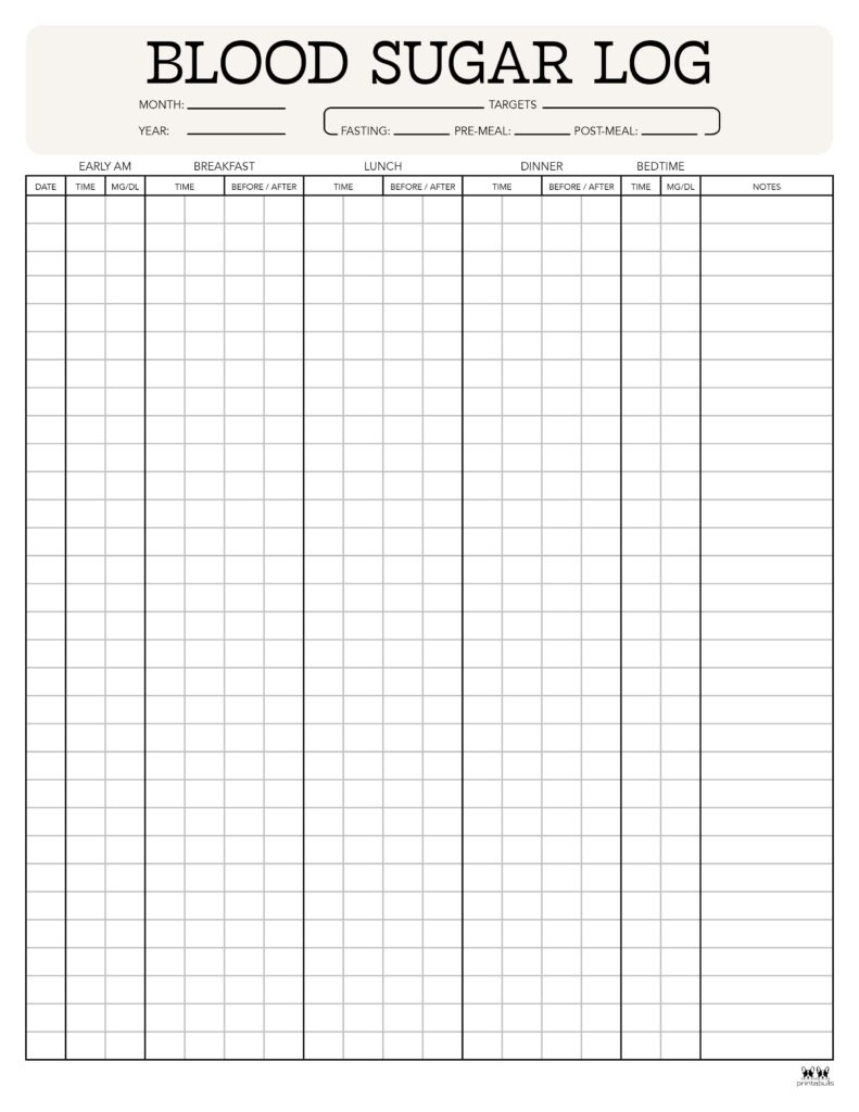 Blood Sugar Logs - 25 Free Logs &amp;amp; Trackers | Printabulls pertaining to Large Print Monthly Free Printable Blood Sugar Log Sheet