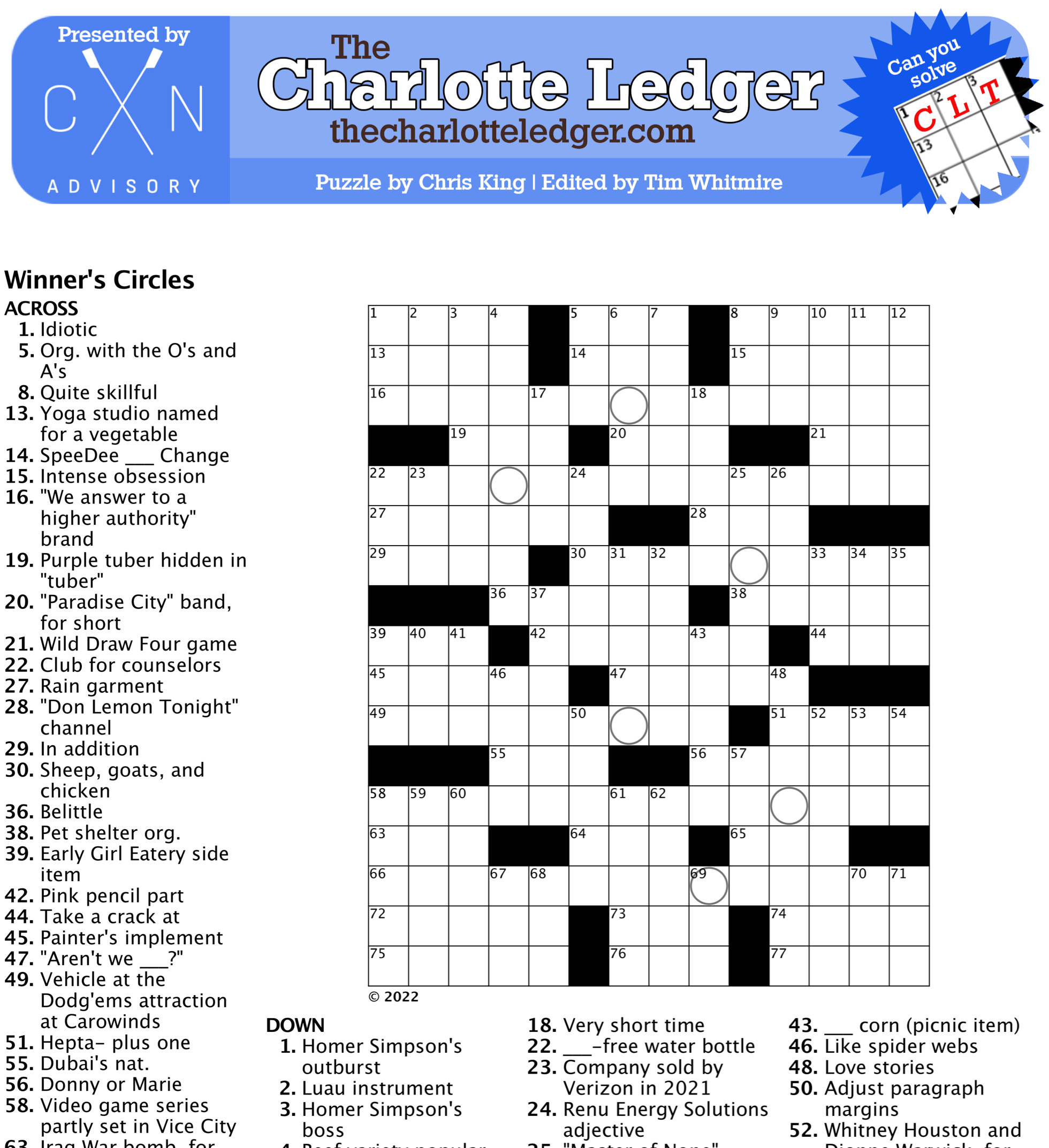 Charlotte Ledger Crosswords - The Charlotte Ledger pertaining to Free Easy Printable Crossword Puzzles For Adults