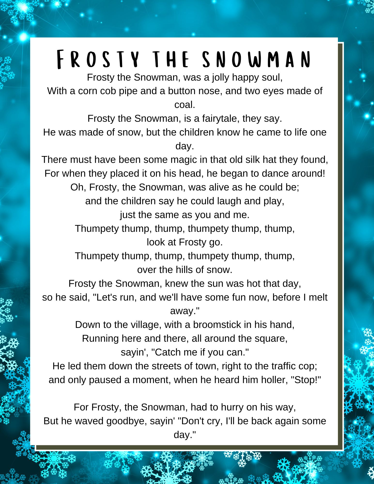 Christmas Songs Lyrics - Lyrics To Popular Christmas Carols regarding Lyrics Frosty the Snowman Printable