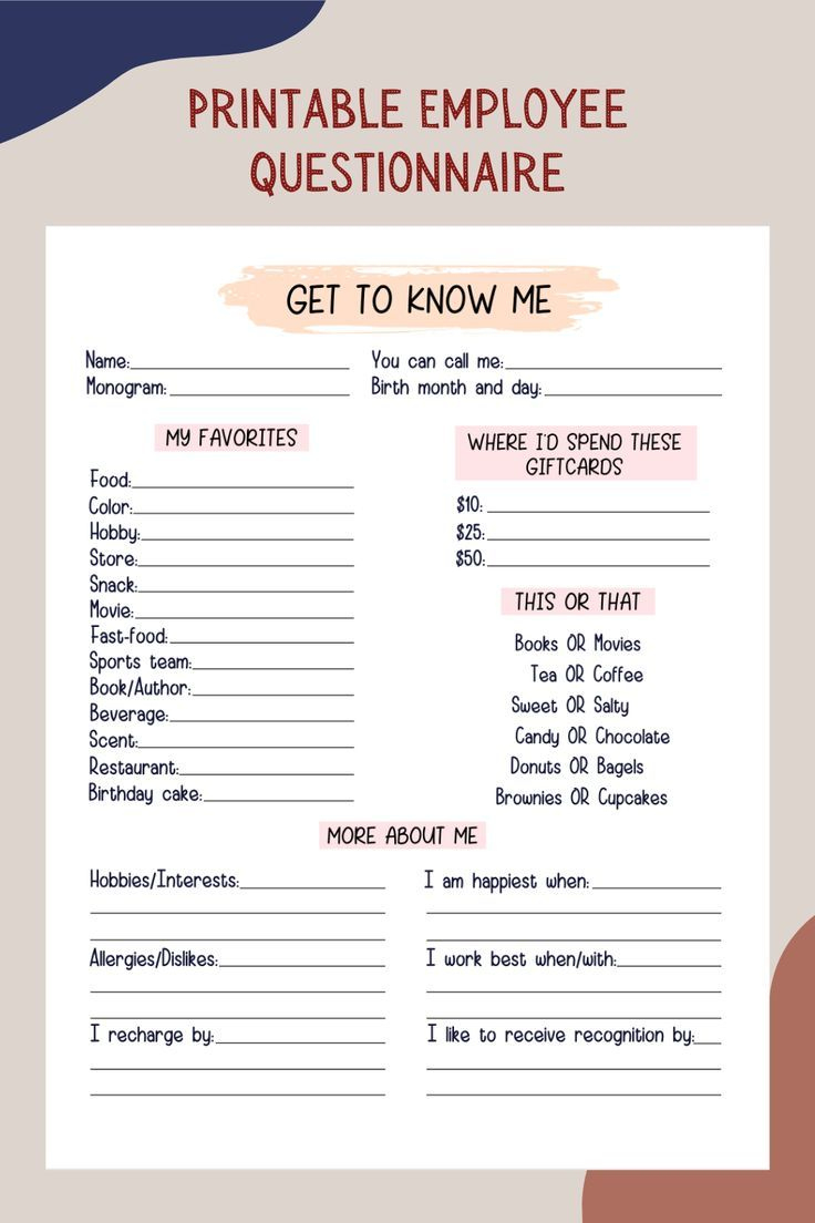 Coworker Questions Printable, All About Me Employee Questionnaire within Printable Getting To Know Your Employees Questionnaire Template