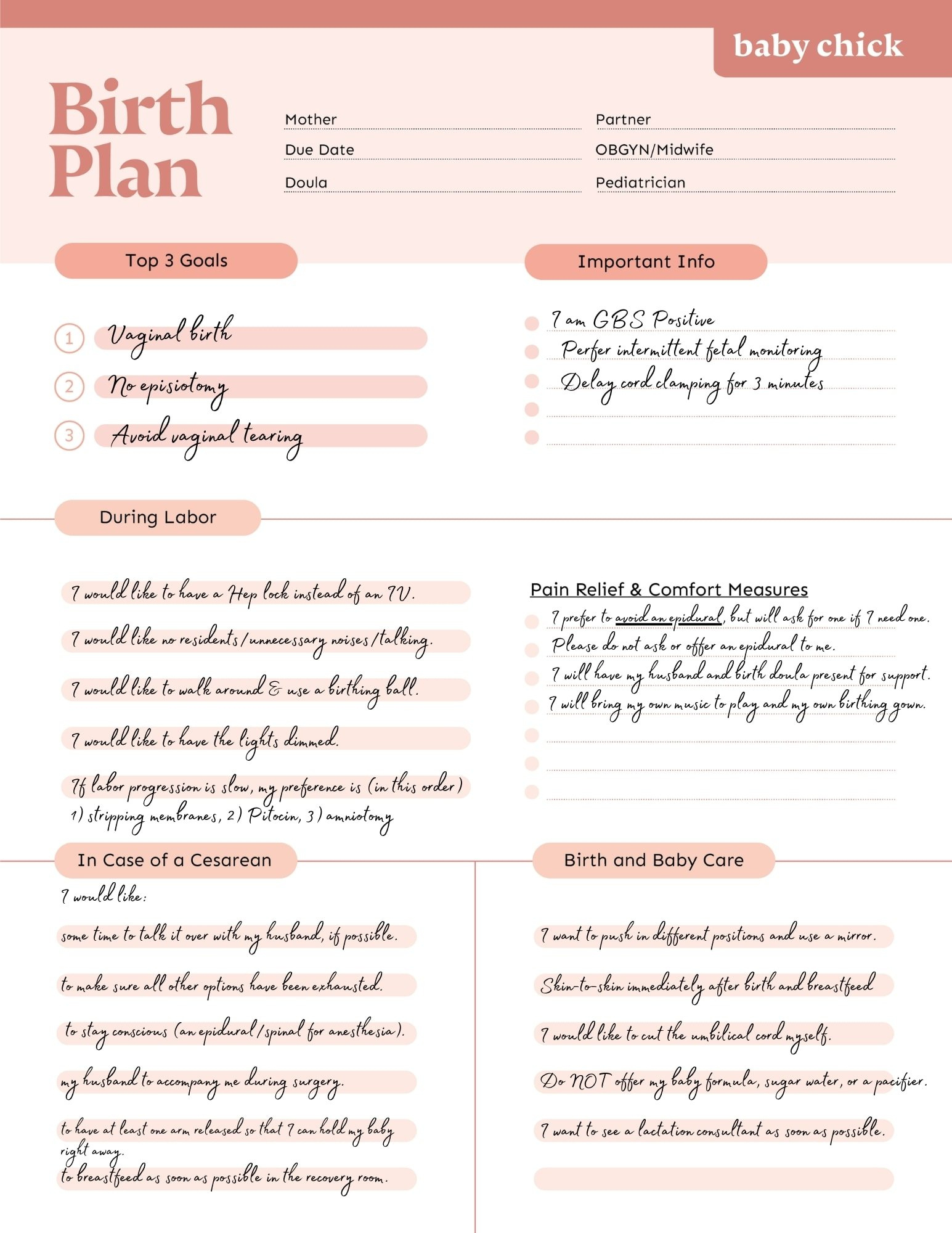 Create Your Perfect Birth Plan (Free Template & Checklist) - Baby for Printable Birth Plan Template Free