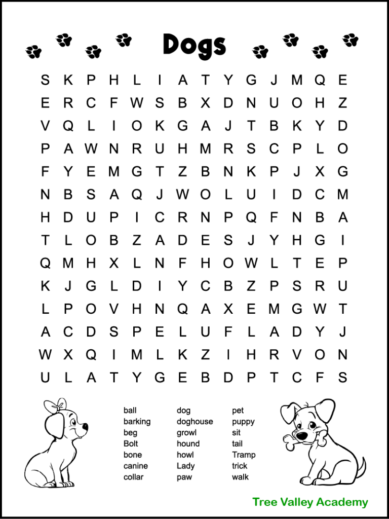 Dog Themed Word Search For Kids - Tree Valley Academy with Word Searches For Kids Printable