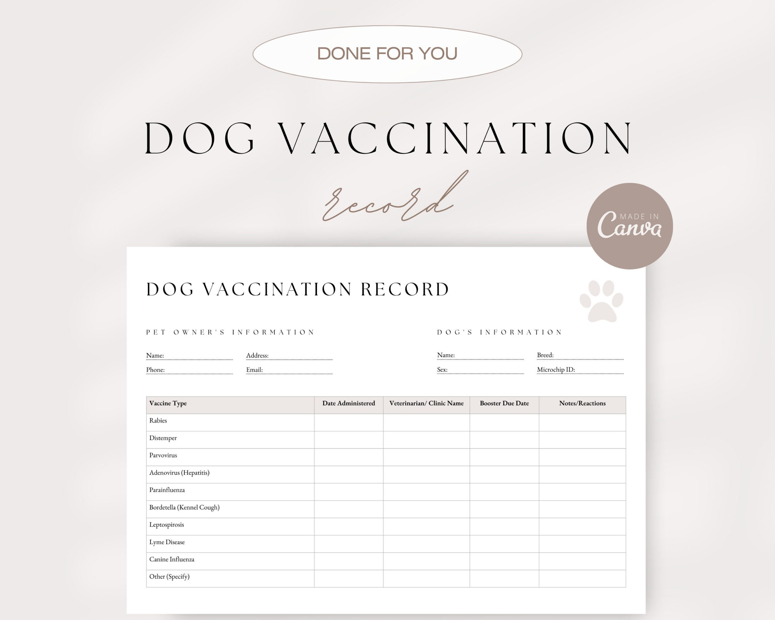 Dog Vaccination Record Template, Puppy Vaccination Record, Pet inside Printable Puppy Shot Record Template