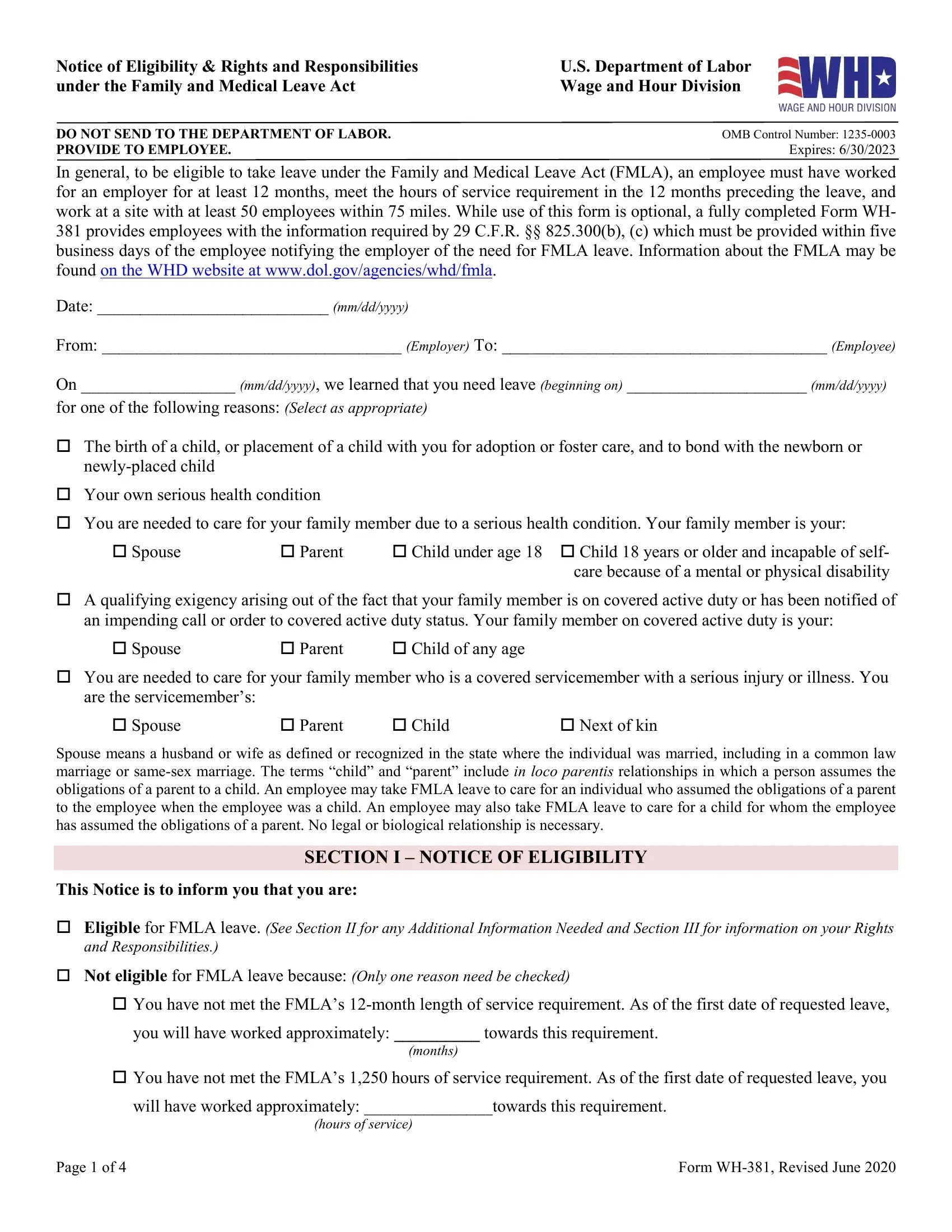 Eligibility Family Leave Form ≡ Fill Out Printable Pdf Forms Online throughout Printable Fmla Forms For Family Member