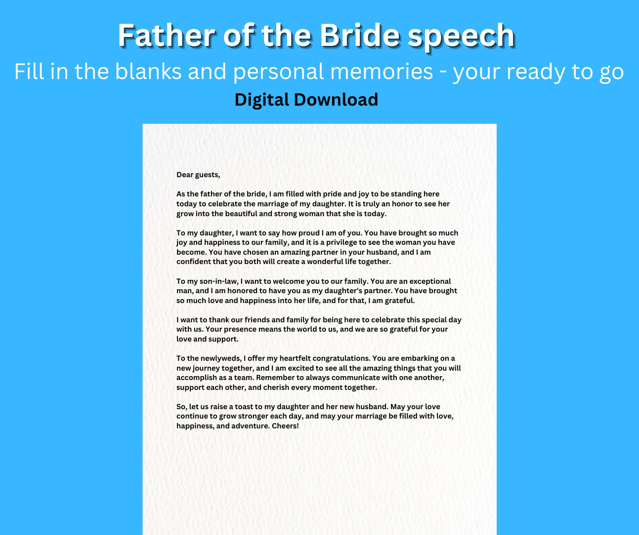 Father Of The Bride Speech- Digital Download- Wedding/ Best Man / Maid Of Honour/ Groomsman / Instant Download throughout Printable Father Of The Bride Speeches
