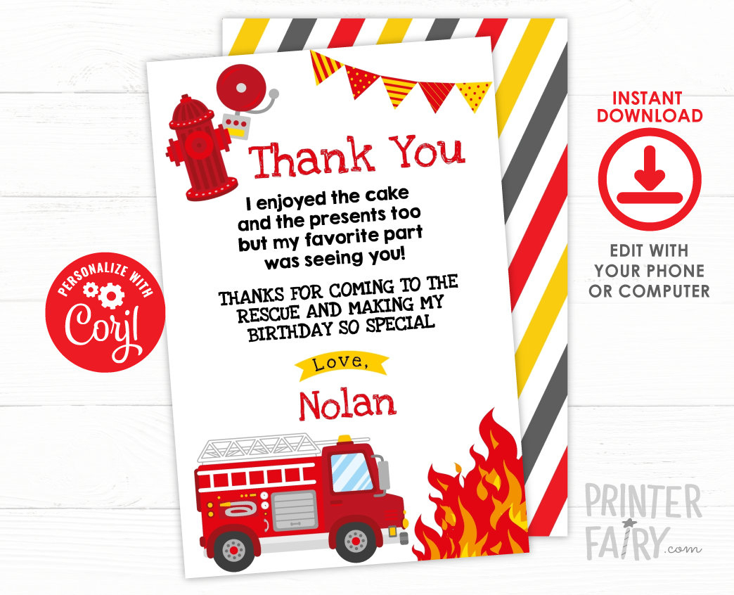 Firefighter Thank You Cards, Editable Fire Fighter Birthday Party throughout Firefighter Thank You Card Printable