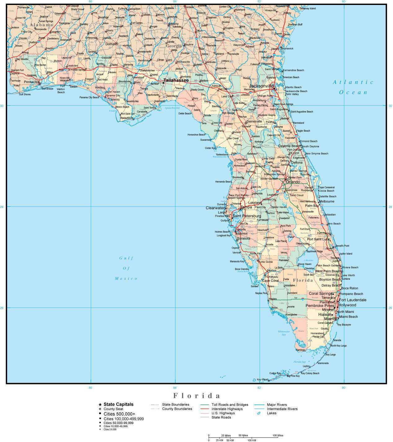 Florida Adobe Illustrator Map With Counties, Cities, County Seats for Printable Map Of Florida With Cities