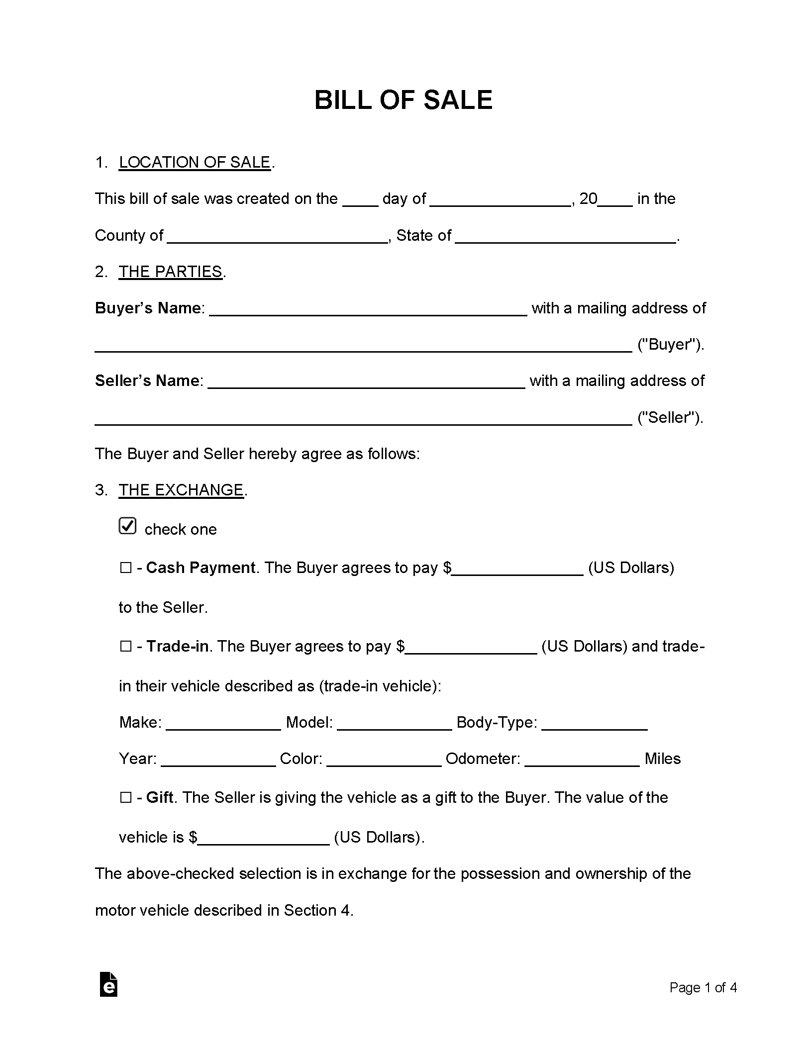 Free Bill Of Sale Forms (24) - Pdf | Word – Eforms regarding Bill Of Sale Form Printable Free