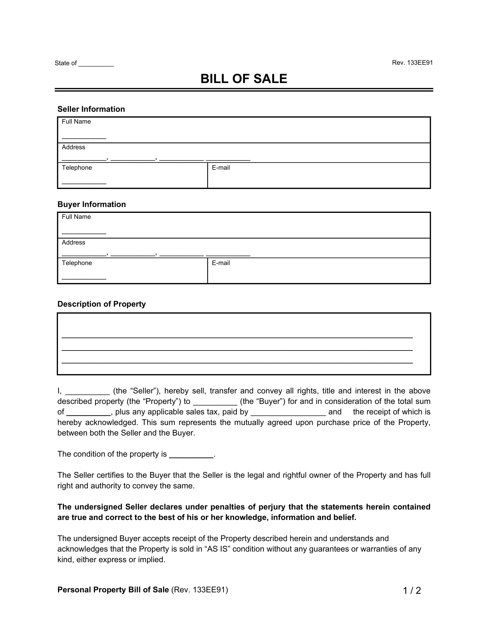 Free Bill Of Sale Templates | Pdf & Word within As Is Bill Of Sale Printable
