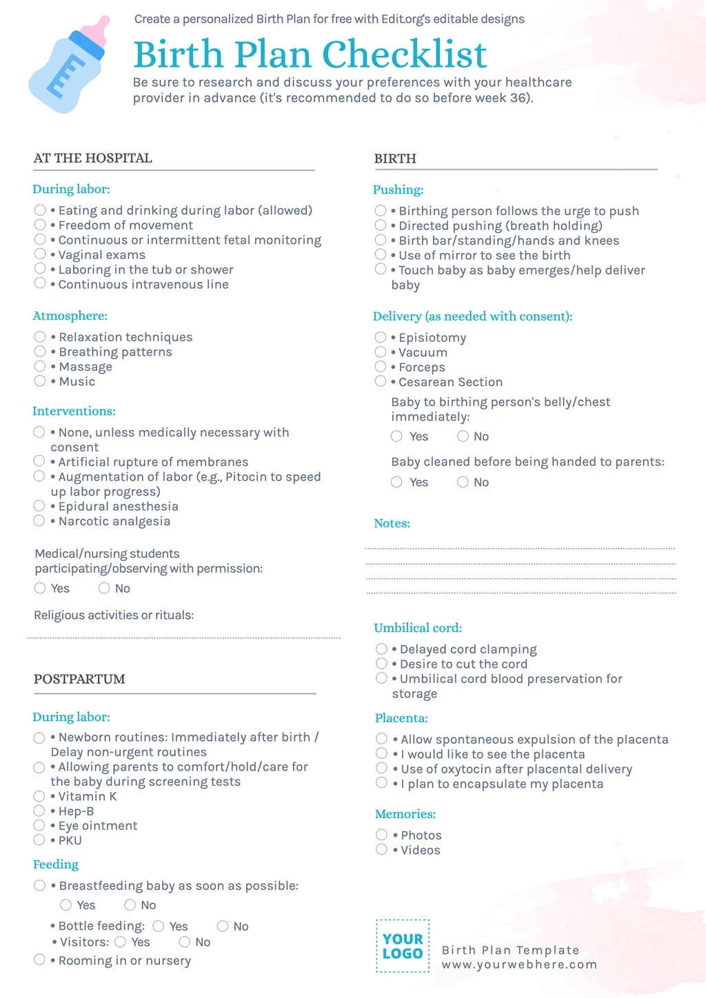 Free Birth Plan Templates inside Printable Birth Plan Template Free