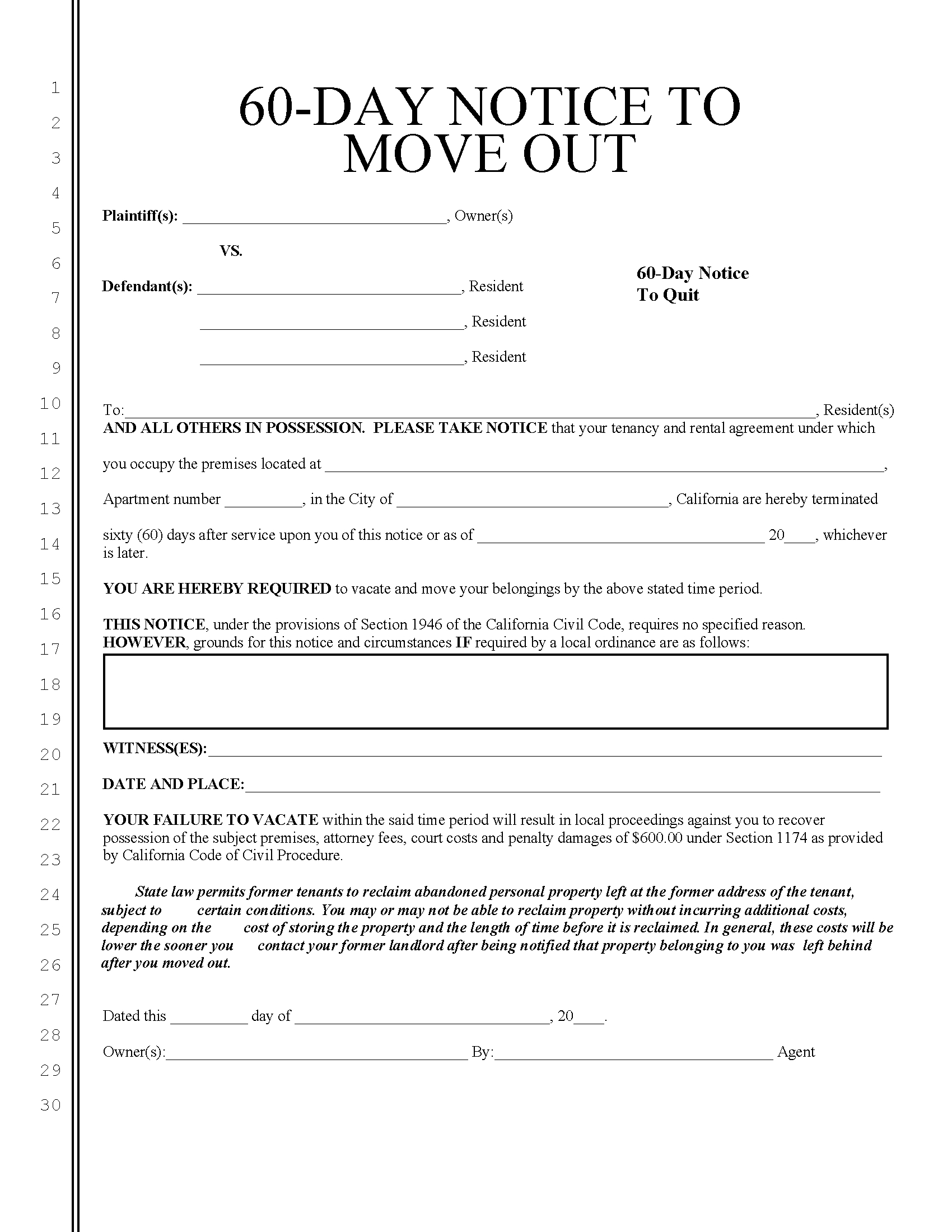 Free California 60-Day Notice To Quit | Lease Termination | Pdf intended for Printable Tenant 60 Day Notice To Vacate Template