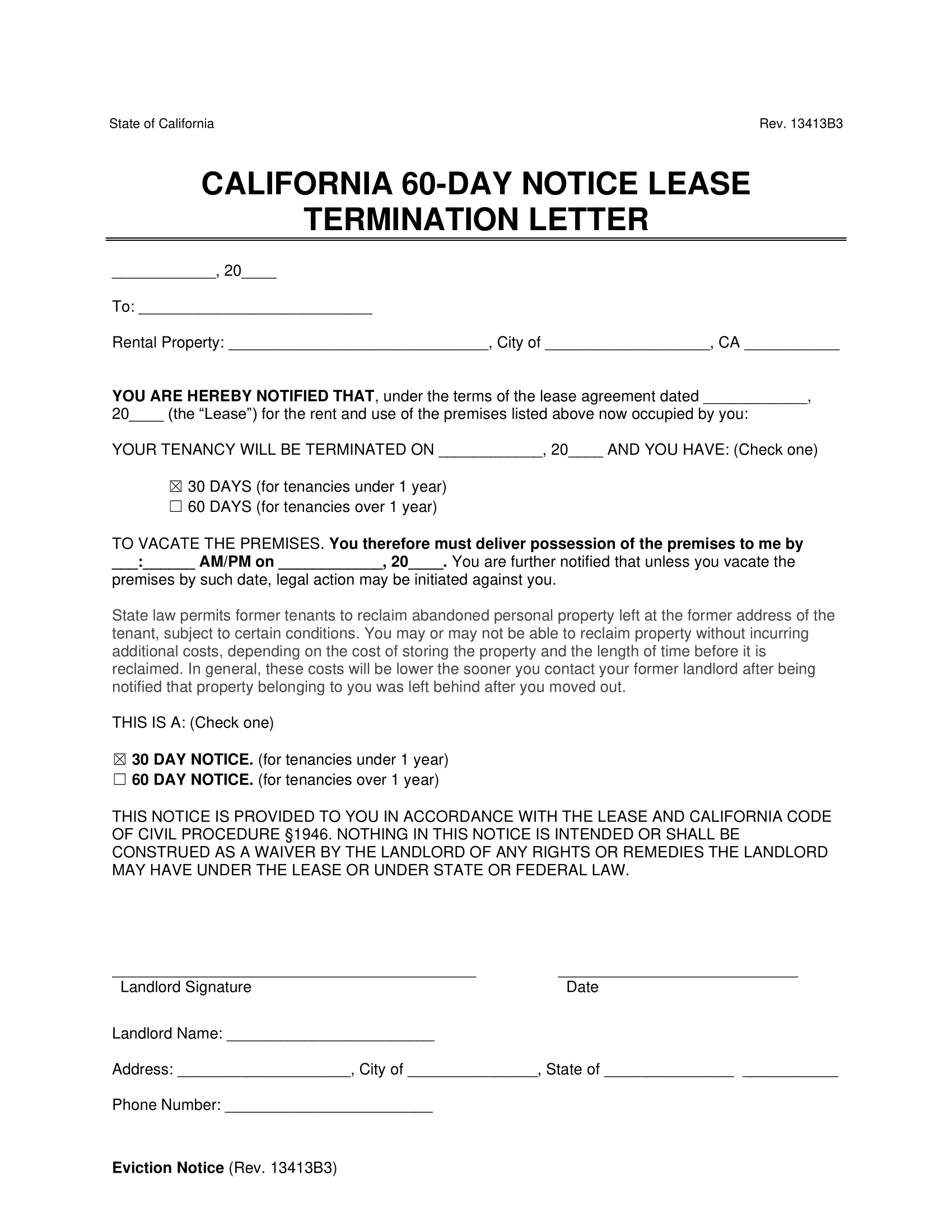 Free California 60-Day Notice To Vacate | Lease Termination Letter regarding Printable Tenant 60 Day Notice To Vacate Template