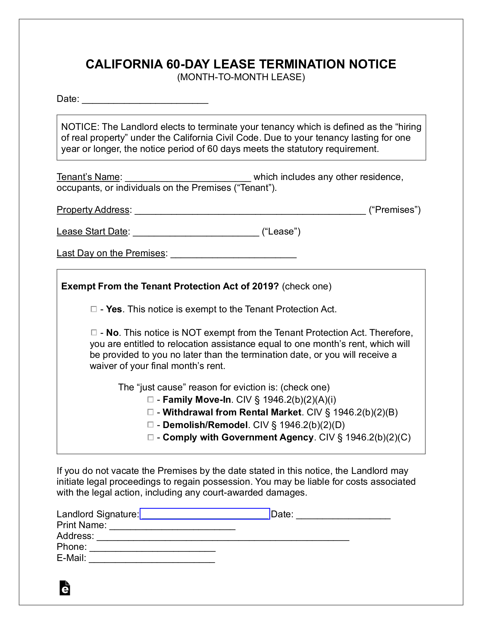 Free California Lease Termination Letter | 60-Day Notice - Pdf within Printable Tenant 60 Day Notice to Vacate Template