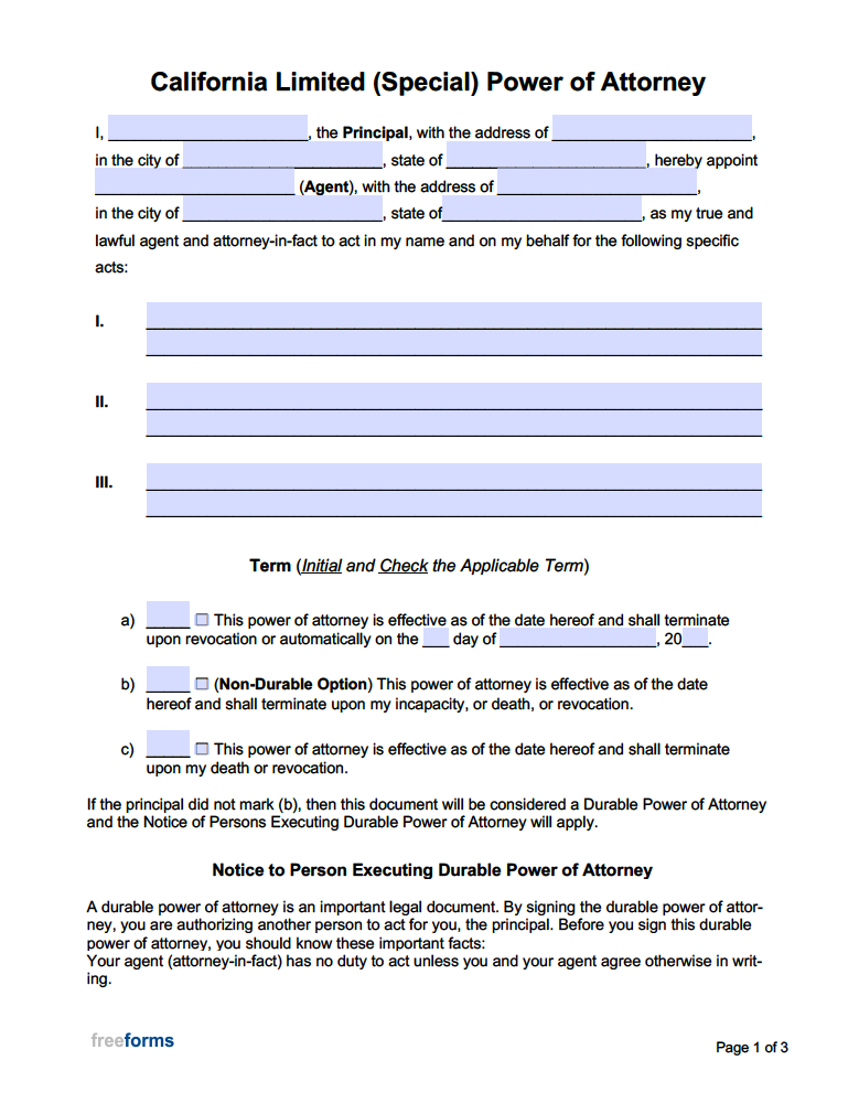 Free California Limited (Special) Power Of Attorney Form | Pdf | Word with regard to Free Printable Power Of Attorney Form California