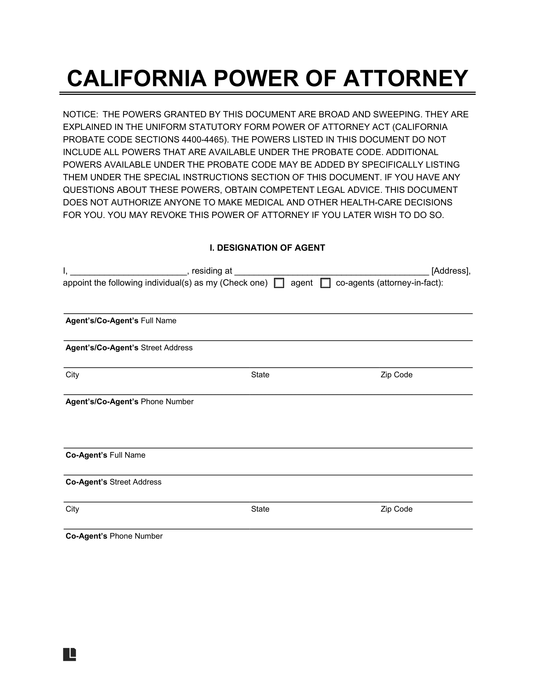 Free California Power Of Attorney Forms | Pdf & Word throughout Free Printable Power of Attorney Form California