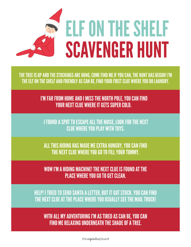 Free Elf On The Shelf Scavenger Hunt - The Inspiration Board in Free Printable Hidden Elf On The Shelf Scavenger Hunt Clues