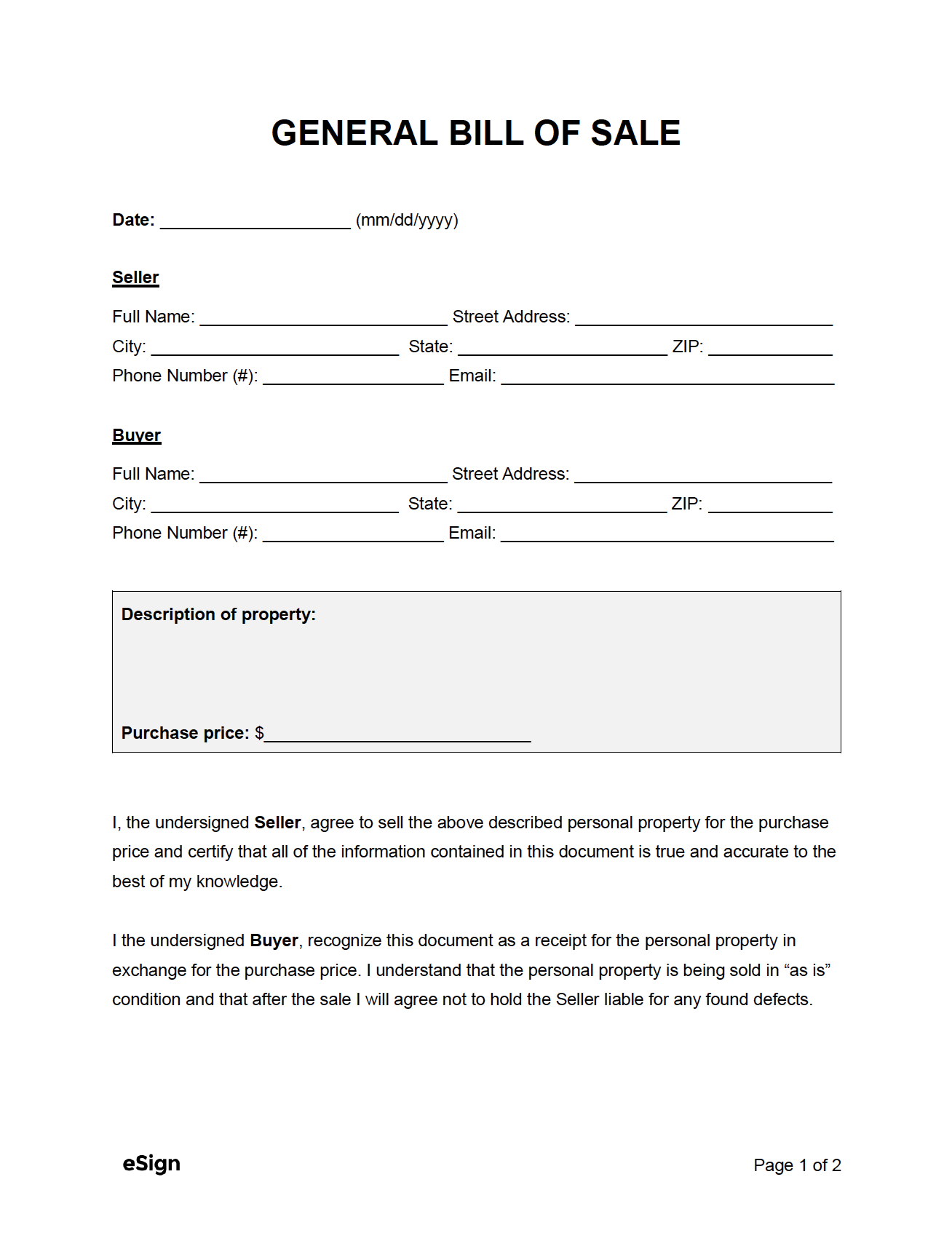 Free General Bill Of Sale Form | Pdf | Word pertaining to Bill of Sale Form Printable Free