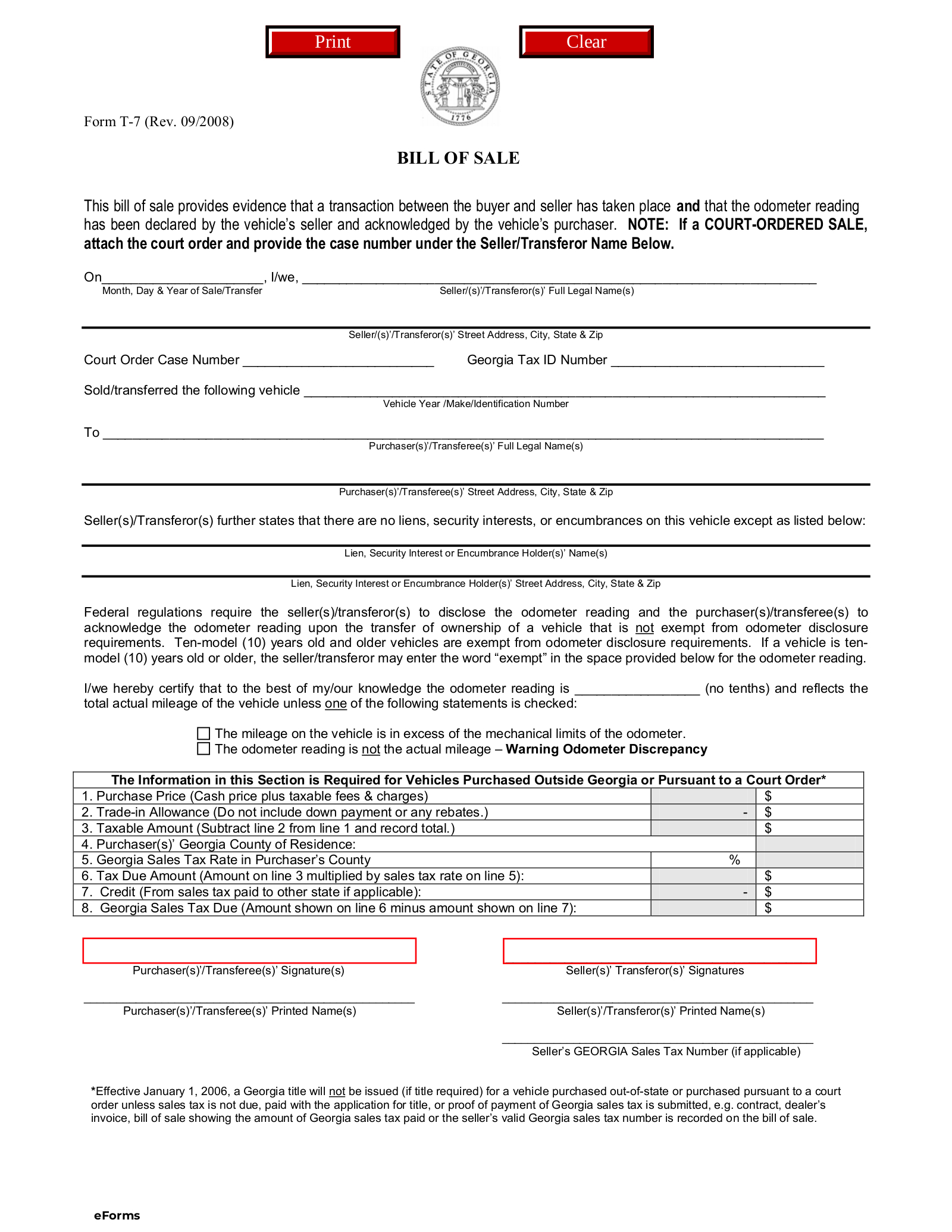 Free Georgia Bill Of Sale Forms (4) - Pdf – Eforms with Printable Bill Of Sale Georgia