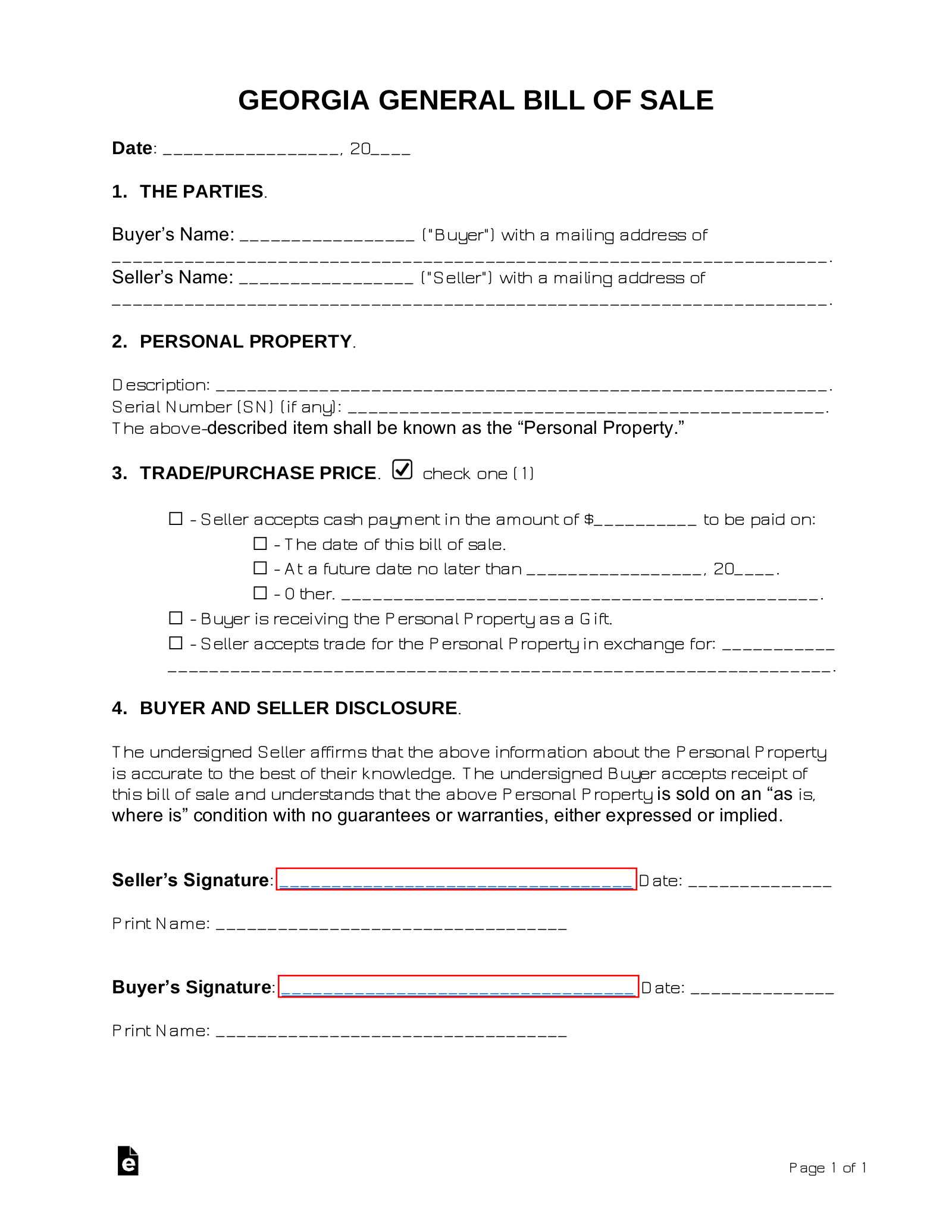 Free Georgia General Bill Of Sale Form - Pdf | Word – Eforms throughout Printable Bill Of Sale Georgia