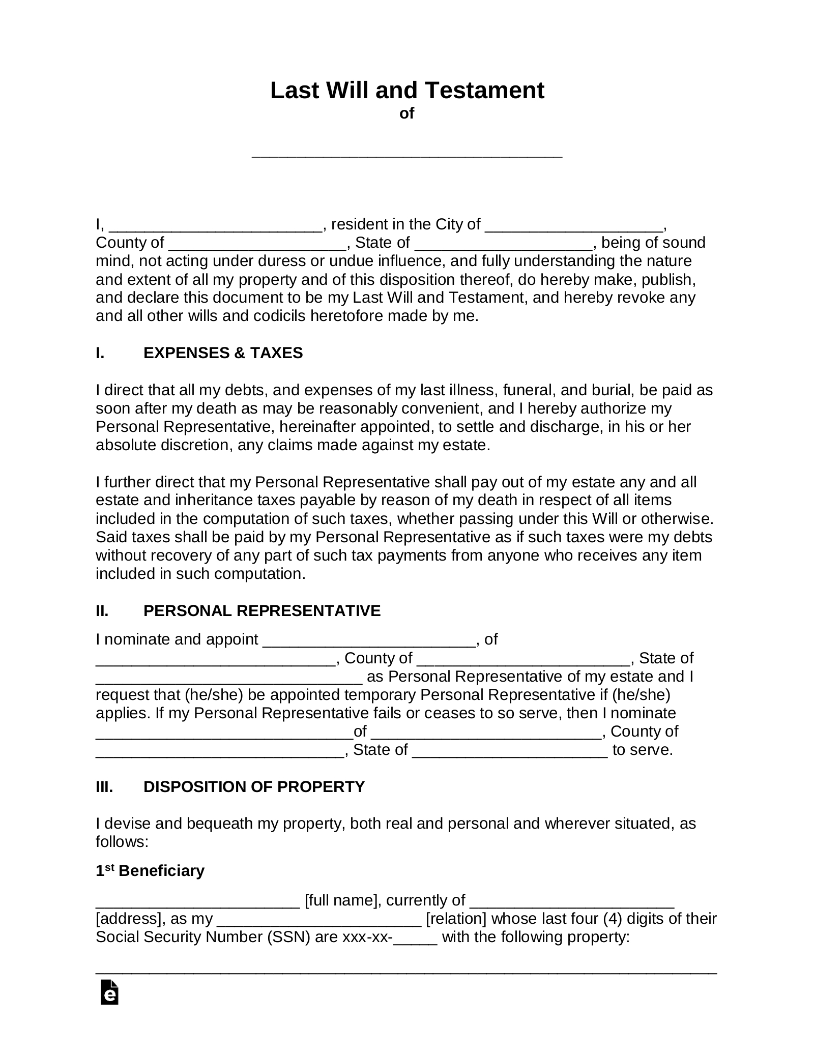 Free Last Will And Testament (Will) - Pdf | Word – Eforms intended for Printable Simple Last Will and Testament Free Template