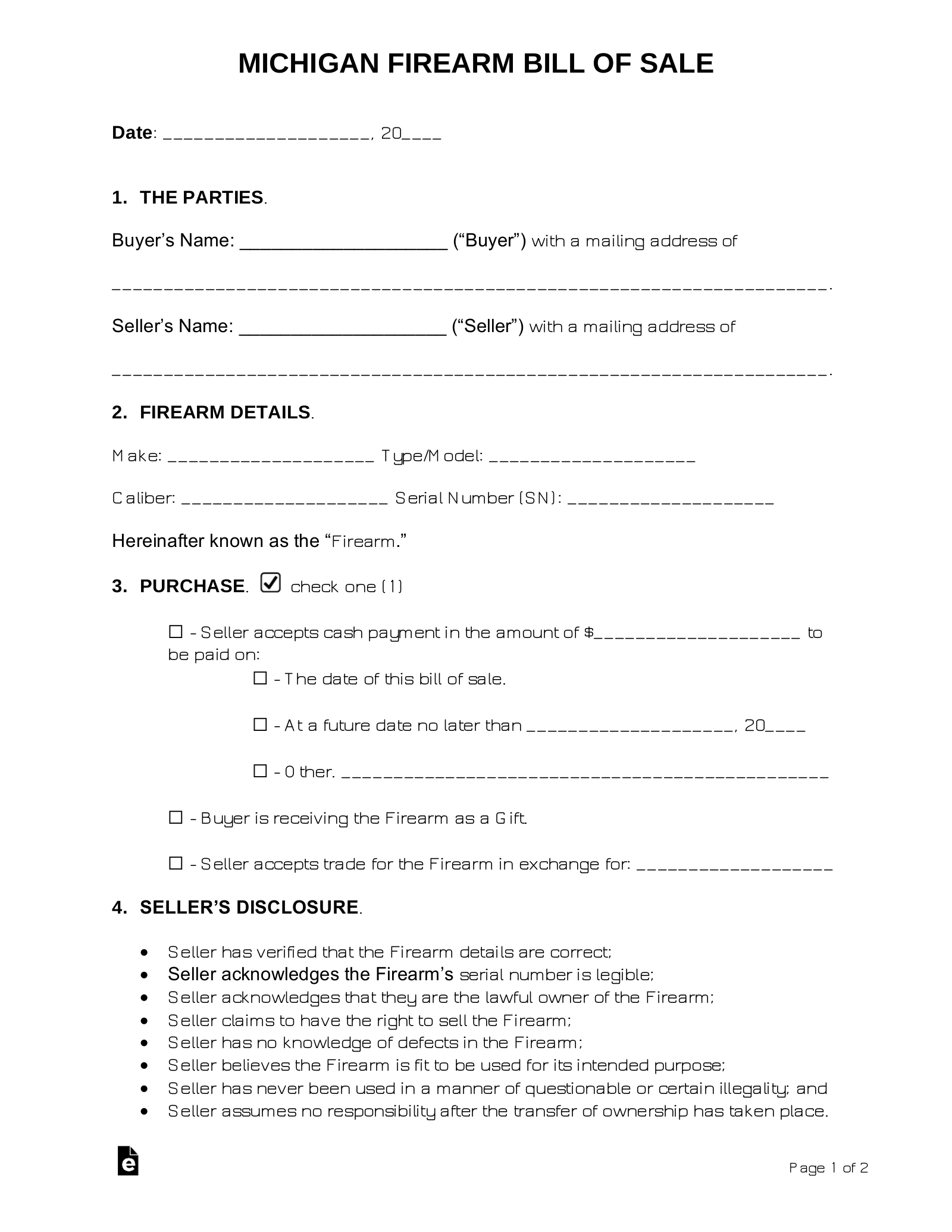 Free Michigan Firearm Bill Of Sale Template - Pdf | Word – Eforms intended for Printable Pistol Transfer Paperwork Michigan