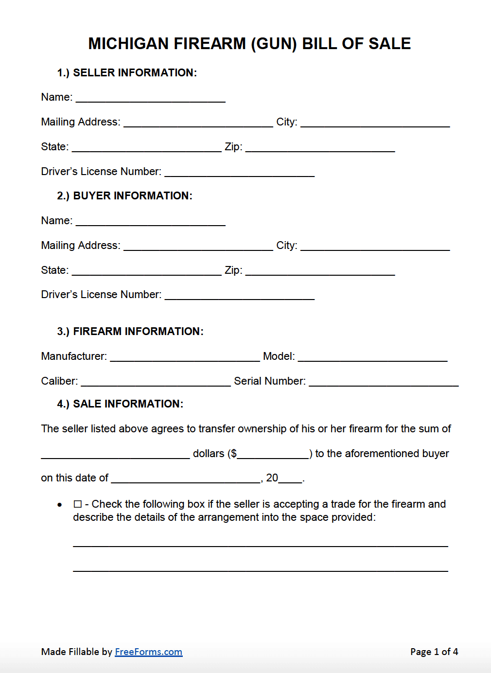 Free Michigan Firearm (Gun) Bill Of Sale Form | Pdf | Word with regard to Printable Pistol Transfer Paperwork Michigan