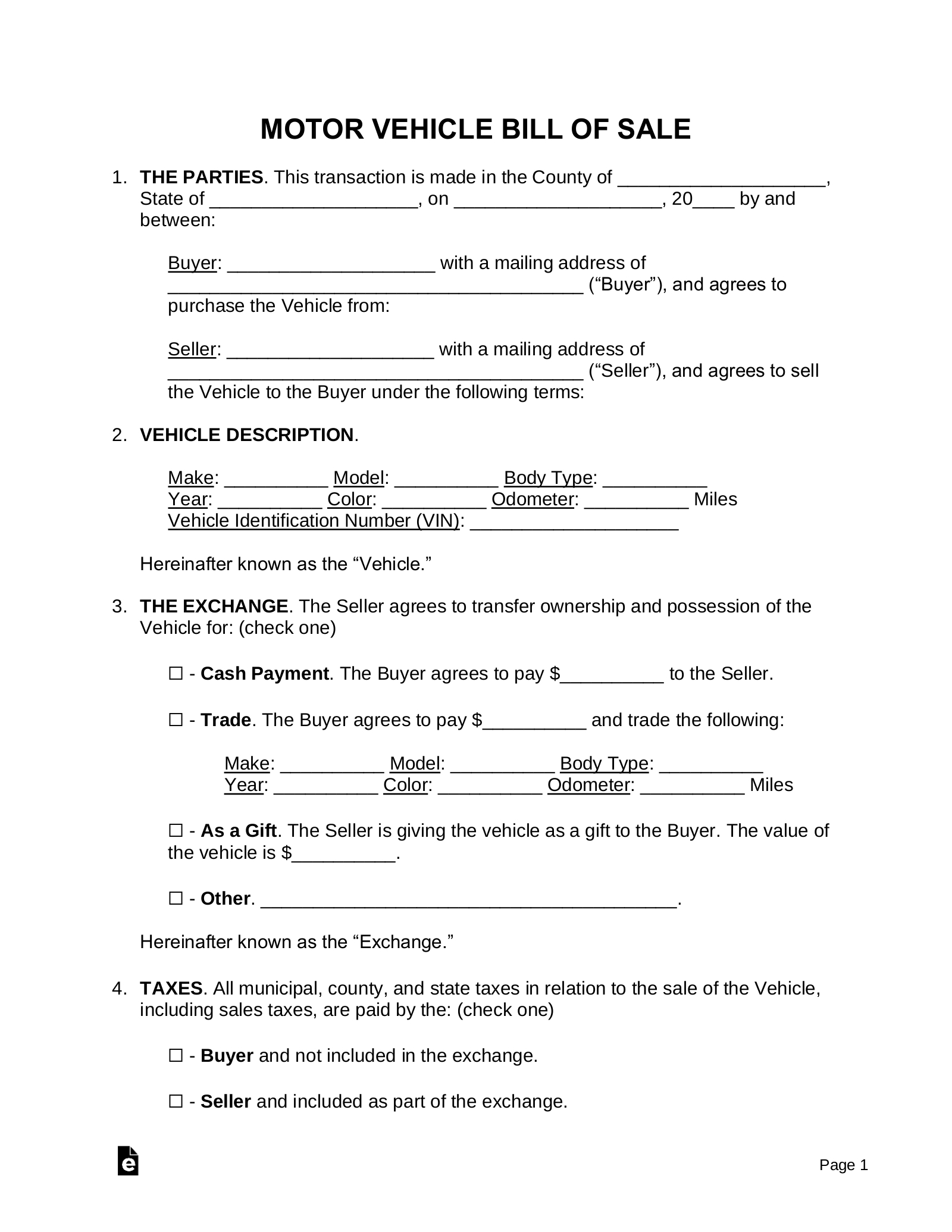 Free Motor Vehicle (Dmv) Bill Of Sale Form - Pdf | Word – Eforms inside Printable Bill Of Sale For Motor Vehicle