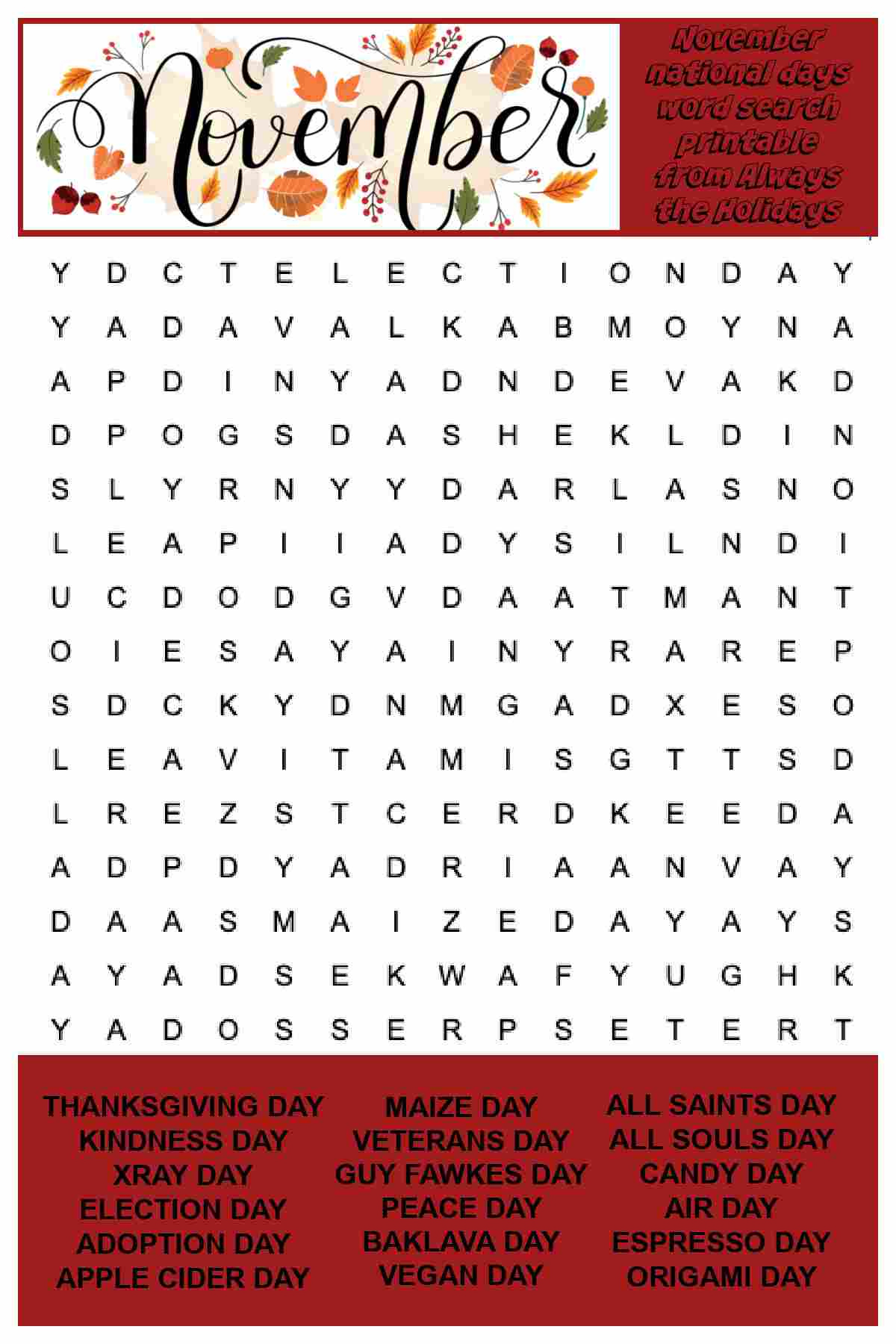 Free November Word Search Printable - National Days Word Find with November Word Search Free Printable