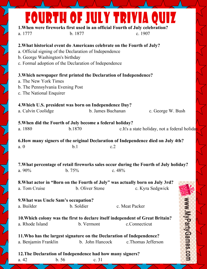 Free Printable 4Th Of July Usa Independence Day Trivia Quiz for Fourth of July Trivia Printable