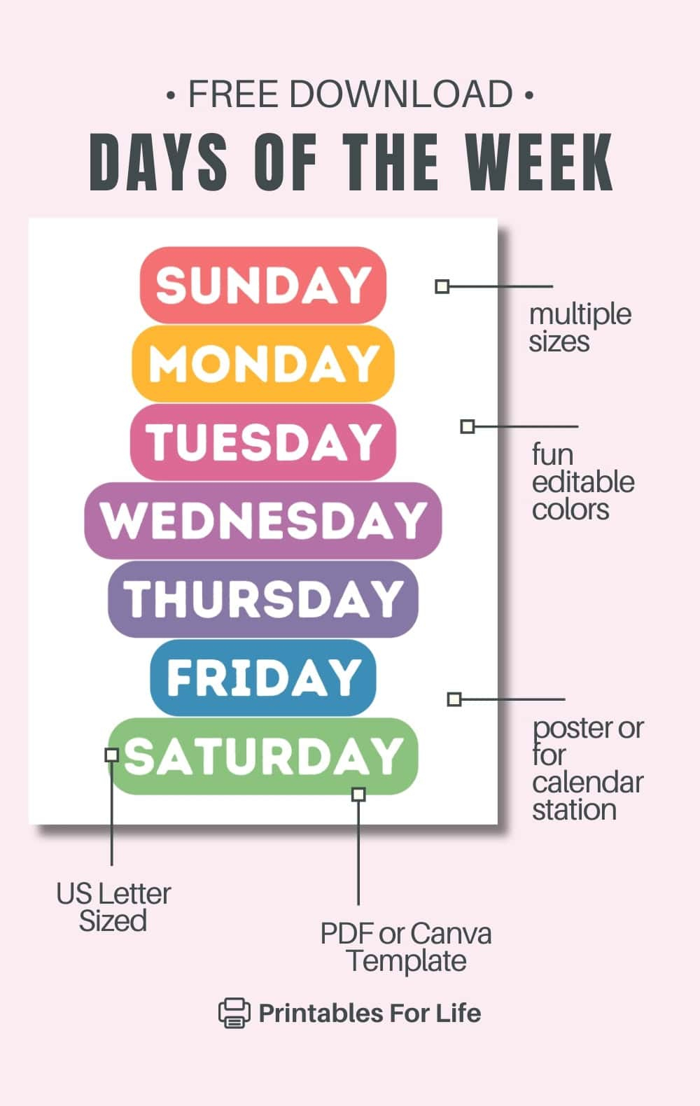 Free Printable Days Of The Week Poster in Printable Days Of The Week Free